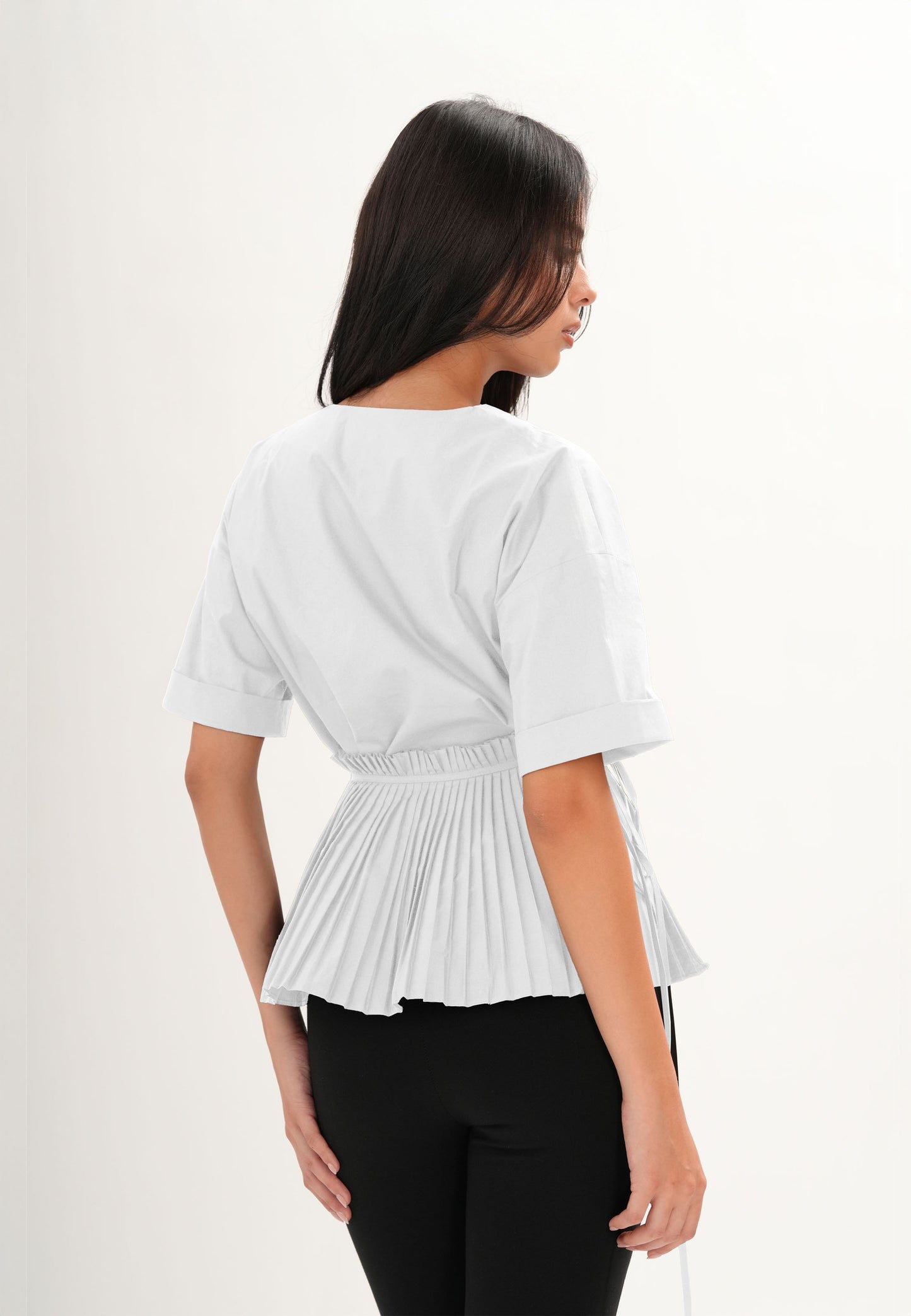 Archetype Refined Crow Short Sleeve Top W/ Pleated Sash (White)