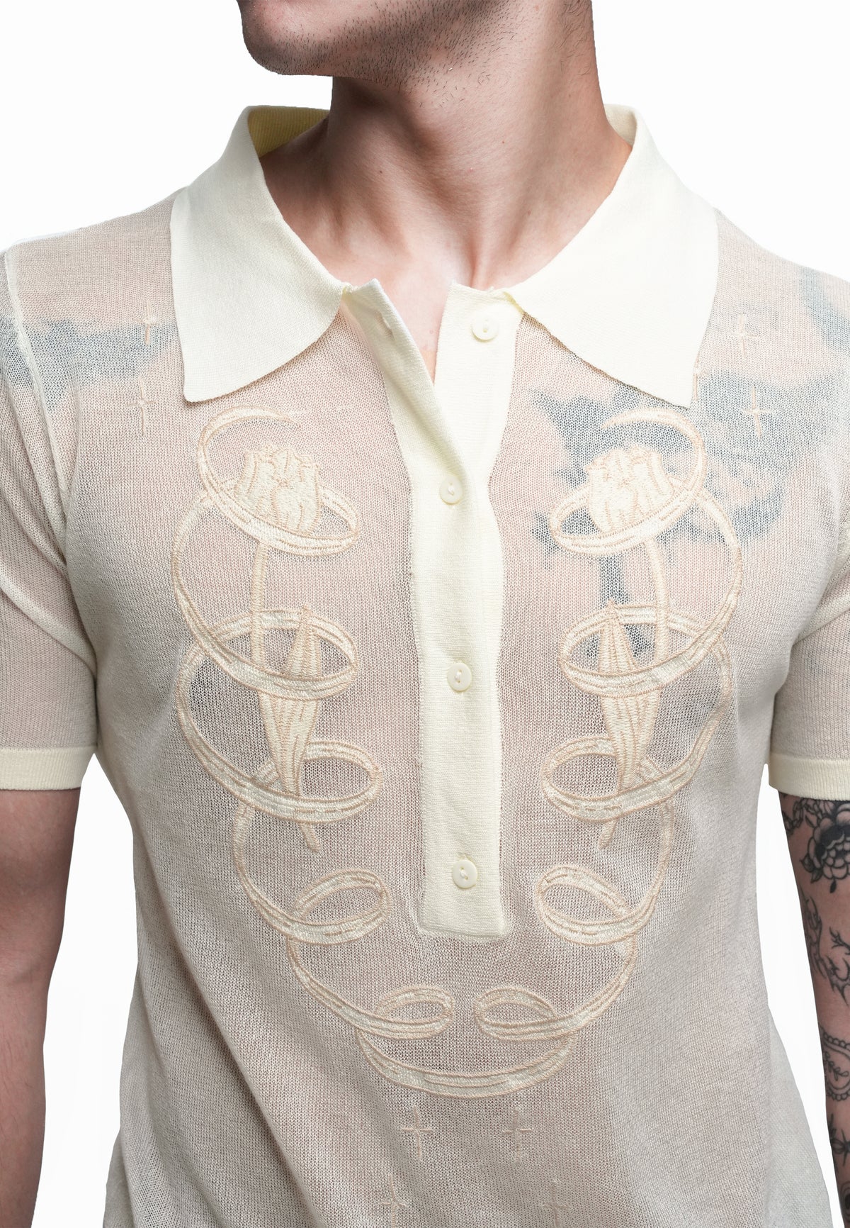 Plains & Prints x Randolf Tulip Barong Knit Short Sleeve Top (Cream)