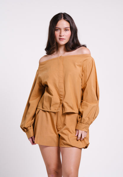 Bryony Long Sleeve Offshoulder Top (Camel)