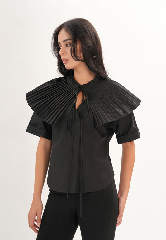 Archetype Refined Crow Short Sleeve Top W/ Pleated Sash (Black)