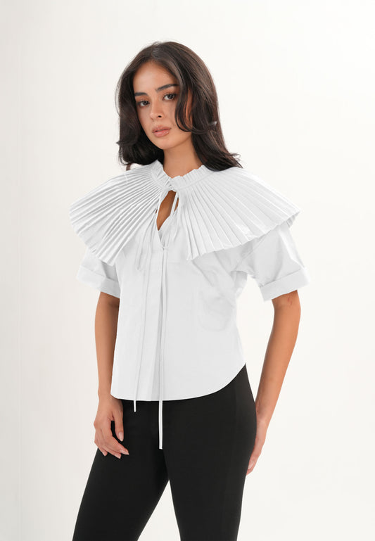 Archetype Refined Crow Short Sleeve Top W/ Pleated Sash (White)
