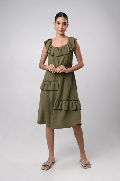 Domna Sleeveless Dress (Olive Green)