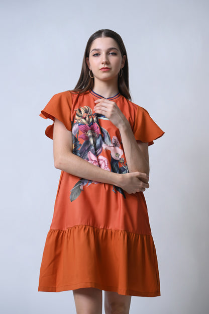 Feather Short Sleeve Dress (Rust)