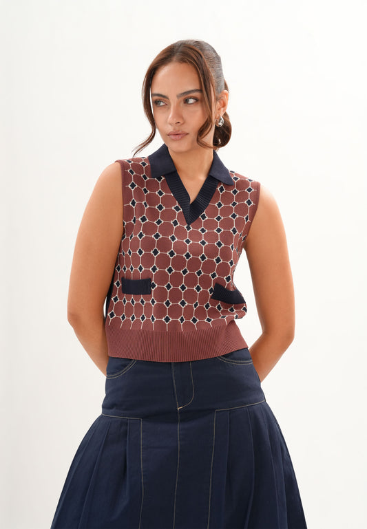 Feign Sleeveless Top (Printed Maroon)