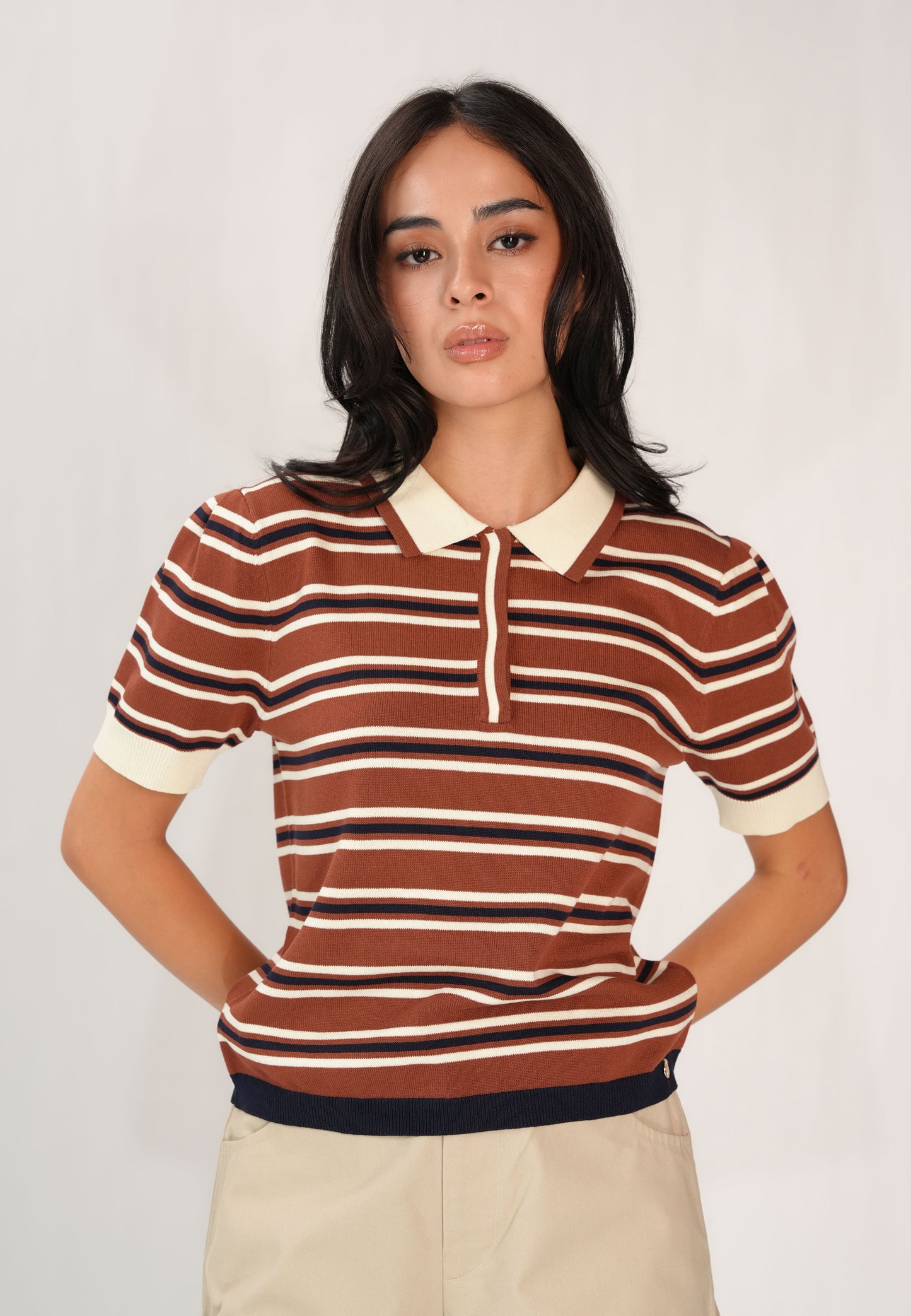 Fixy Short Sleeve Top (Striped Brown)