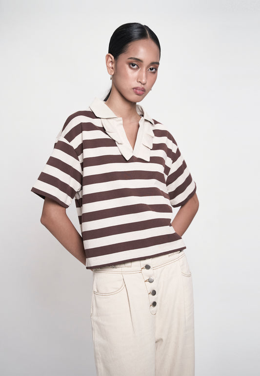 Gionn Short Sleeve Top (Striped Brown)