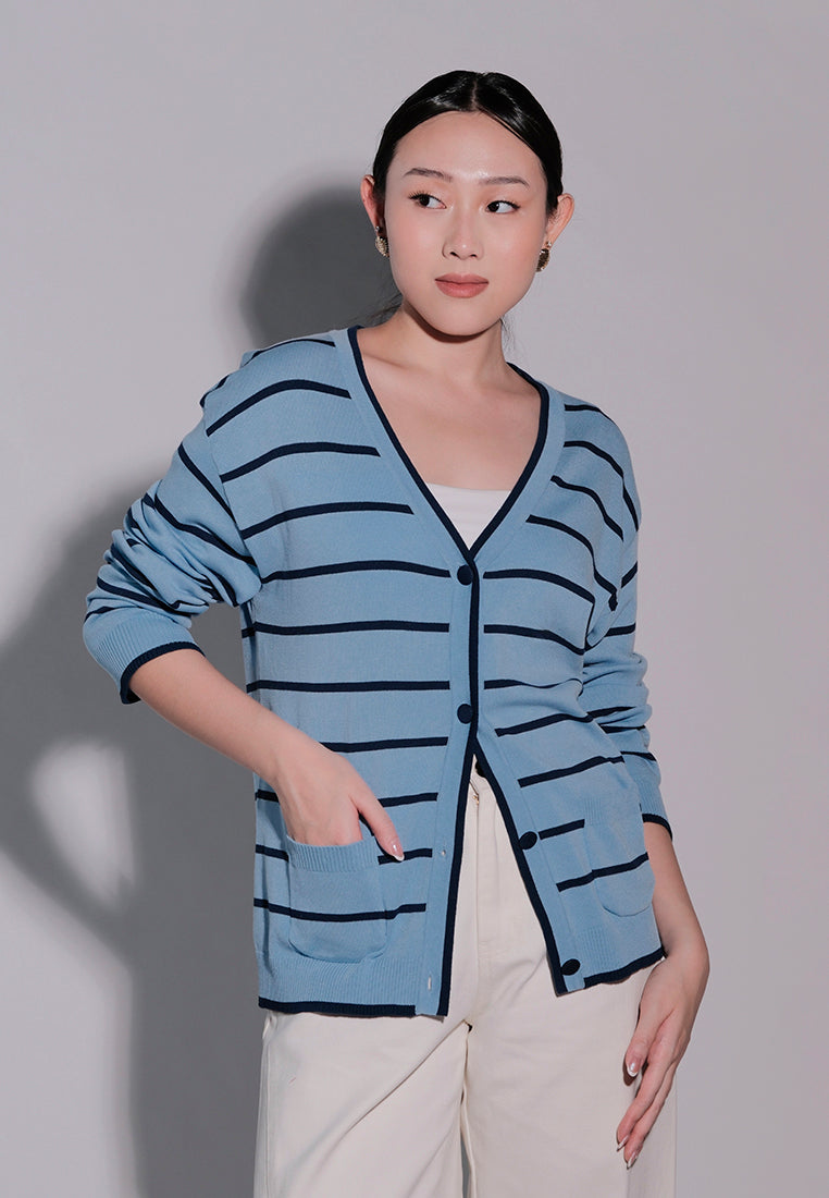 Holiday 2025 Ichan Long Sleeve Cardigan Top (Striped Blue)