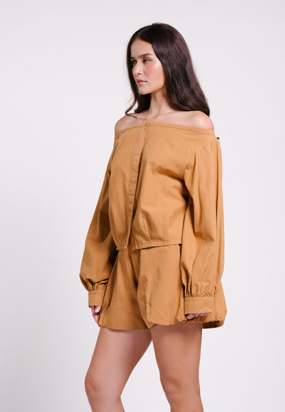 Bryony Long Sleeve Offshoulder Top (Camel)