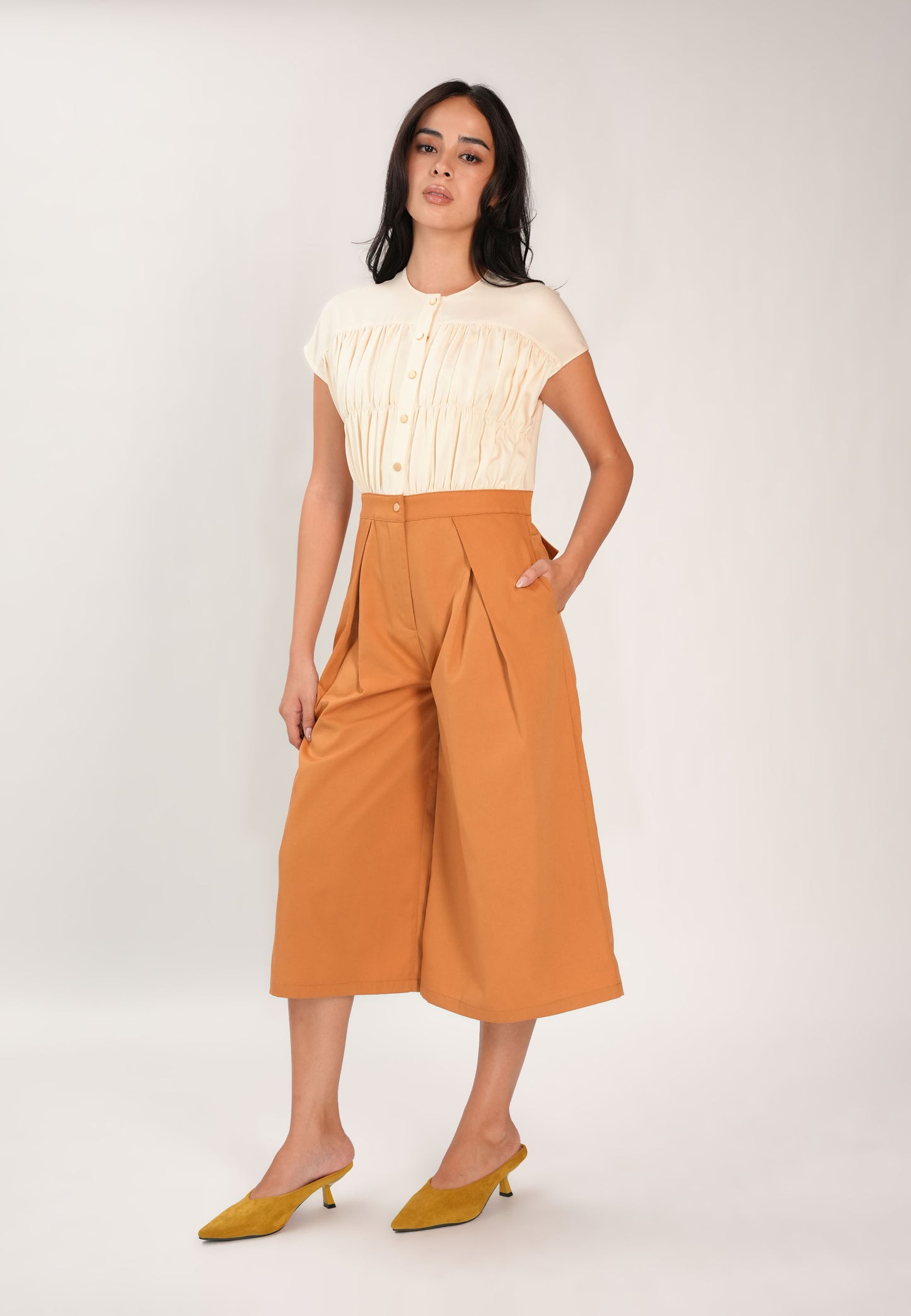Faustine Extended Sleeve Pantsuit (Cream/Camel)