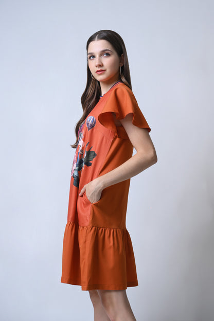 Feather Short Sleeve Dress (Rust)