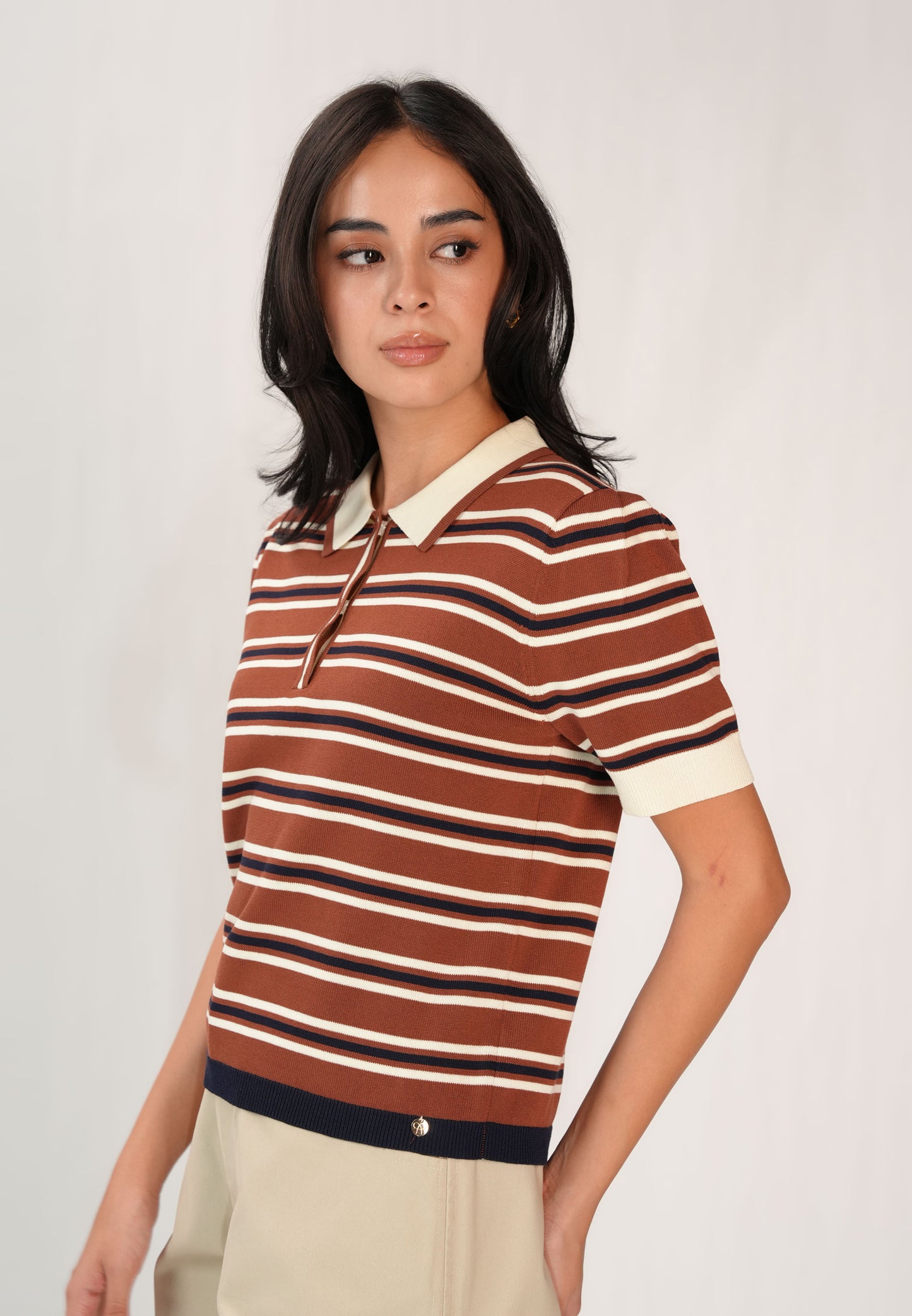 Fixy Short Sleeve Top (Striped Brown)