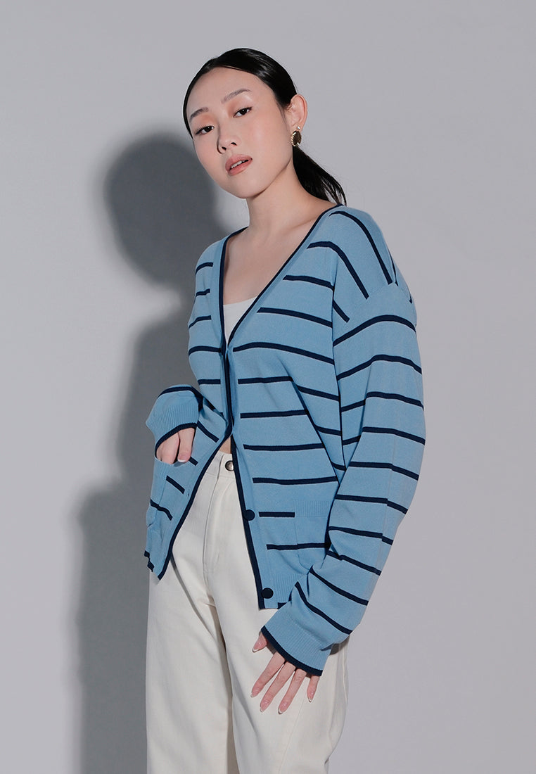 Holiday 2025 Ichan Long Sleeve Cardigan Top (Striped Blue)