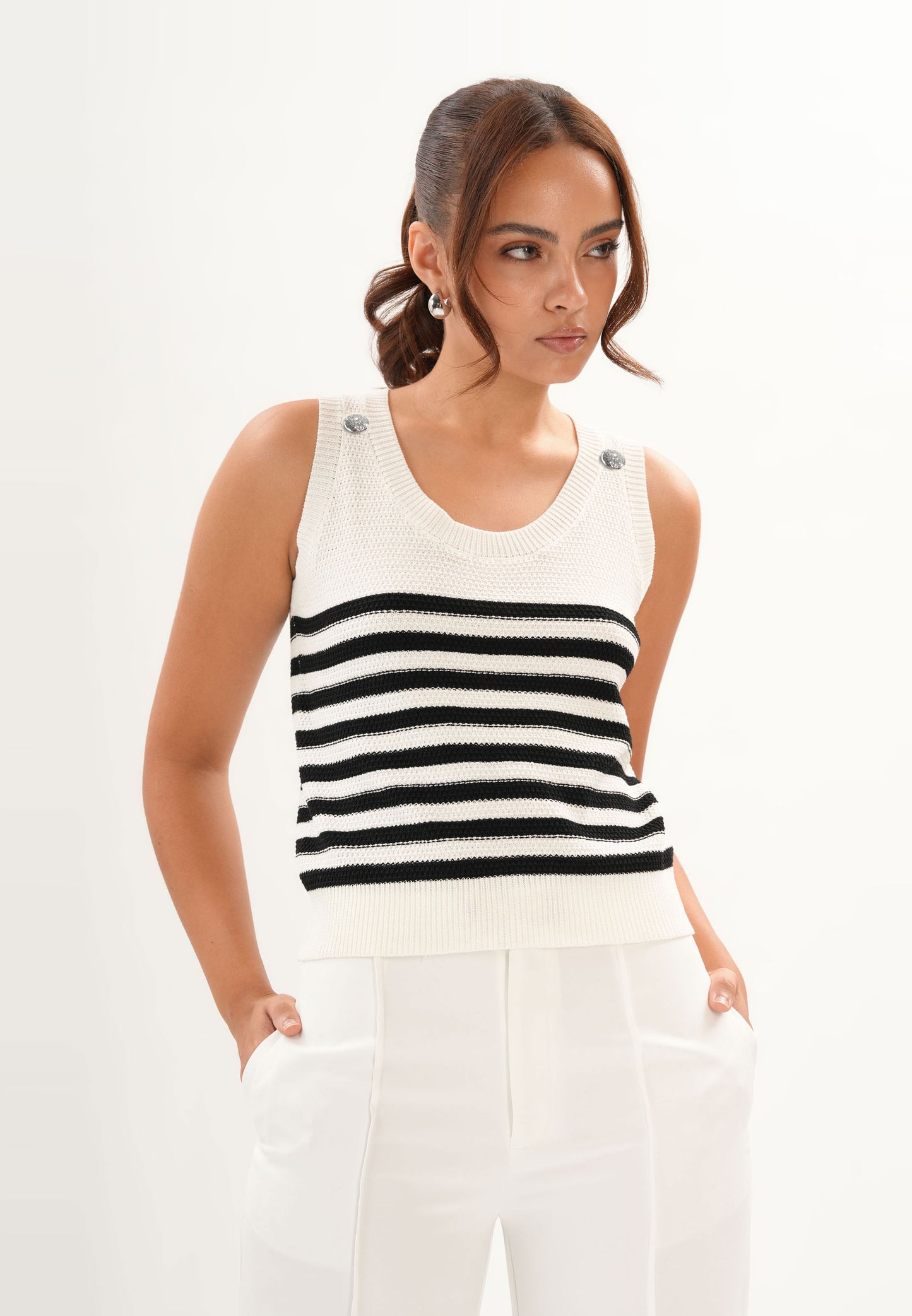 Archetype Refined Raven Sleeveless Top (Striped White)