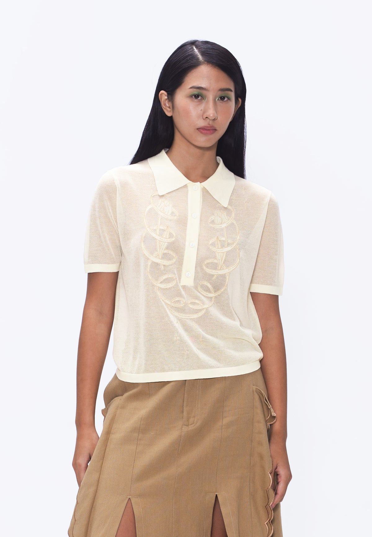 Plains & Prints x Randolf Tulip Barong Knit Short Sleeve Top (Cream)
