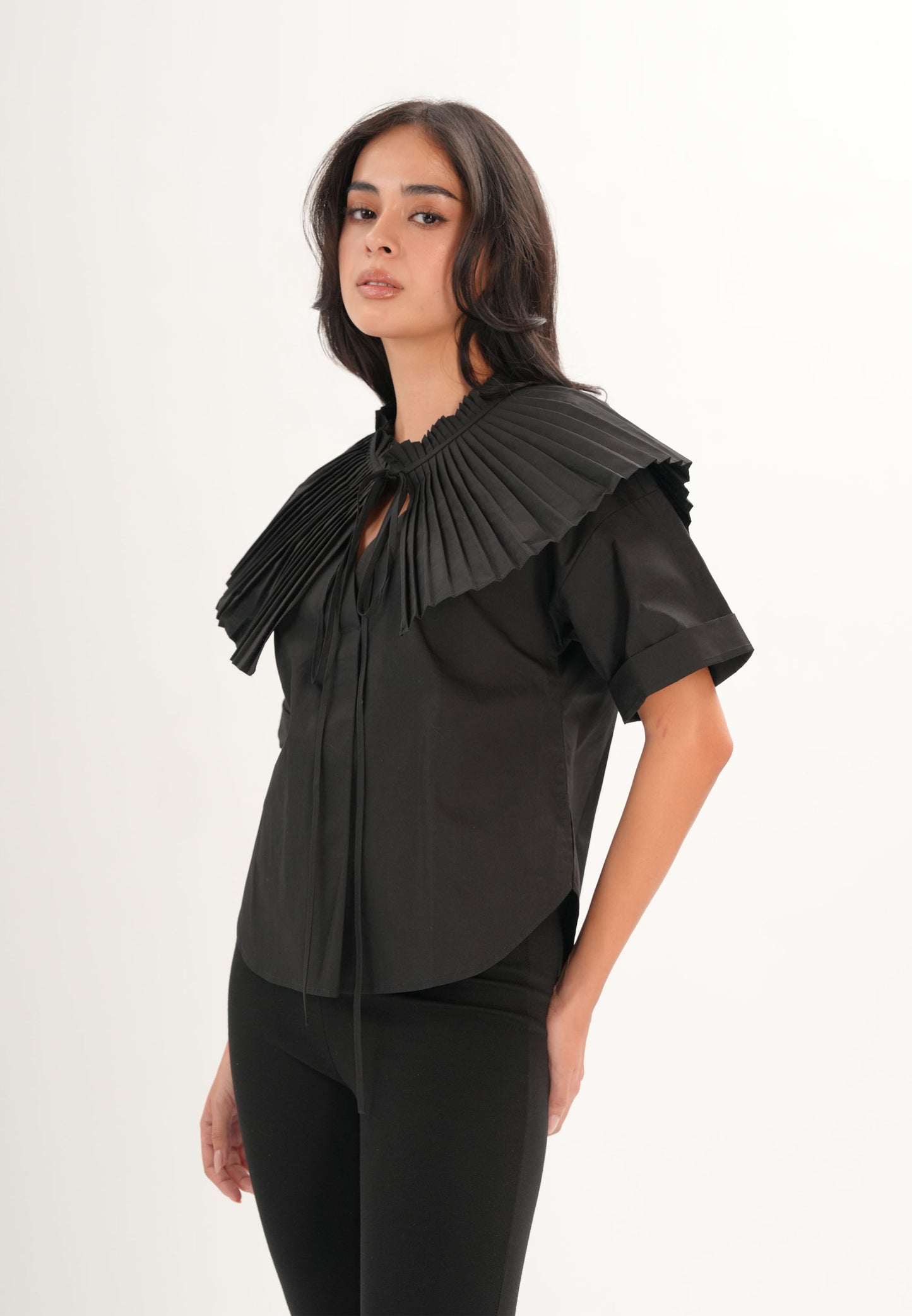 Archetype Refined Crow Short Sleeve Top W/ Pleated Sash (Black)