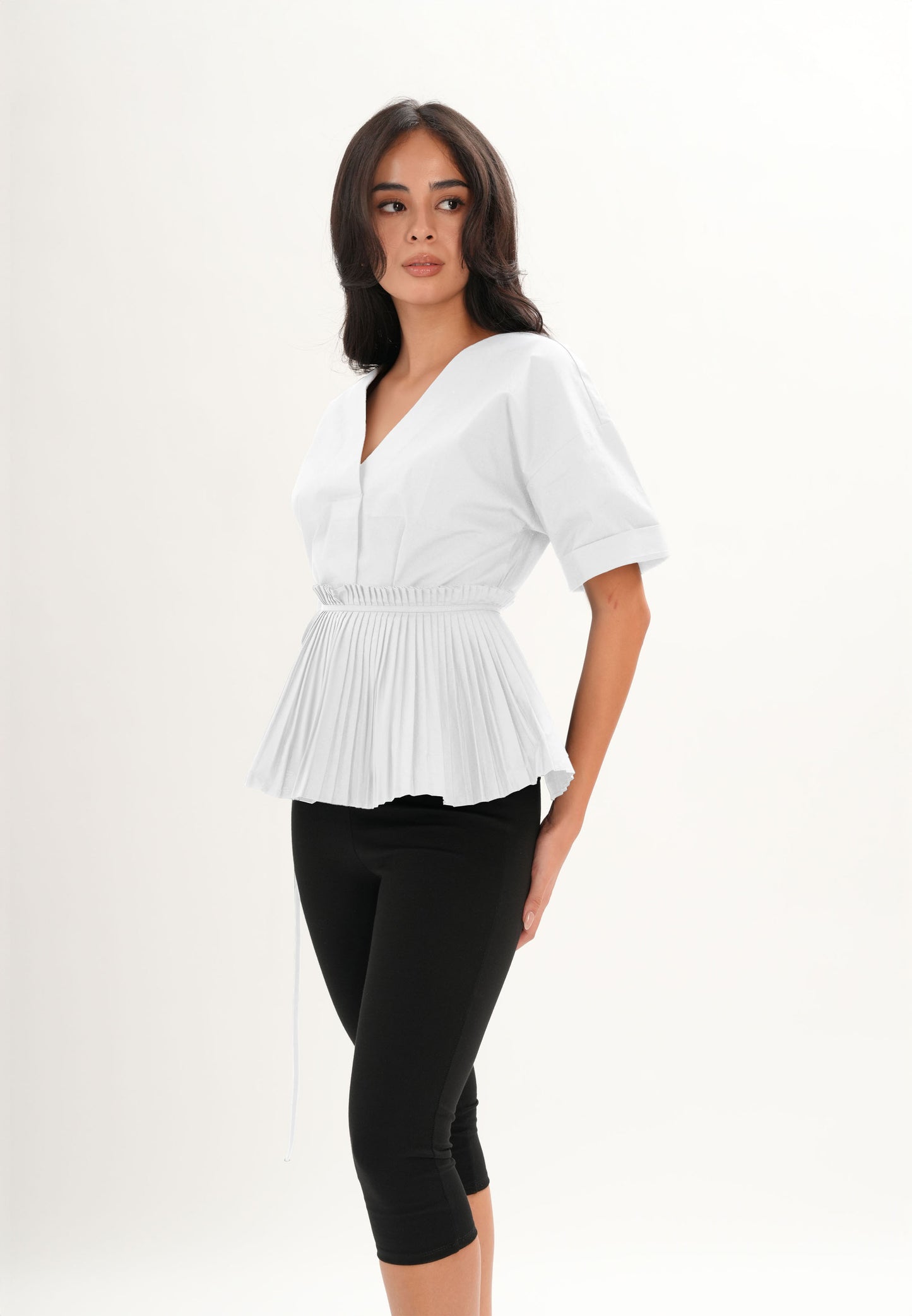 Archetype Refined Crow Short Sleeve Top W/ Pleated Sash (White)