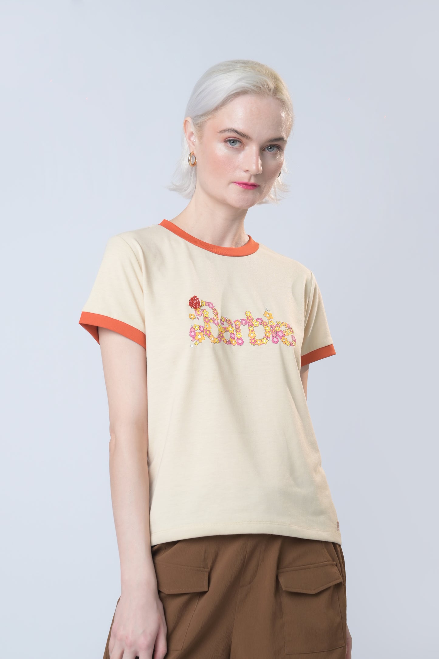 Barbie ❤ Plains & Prints Extraordinary Short Sleeve Shirt Top (Beige)