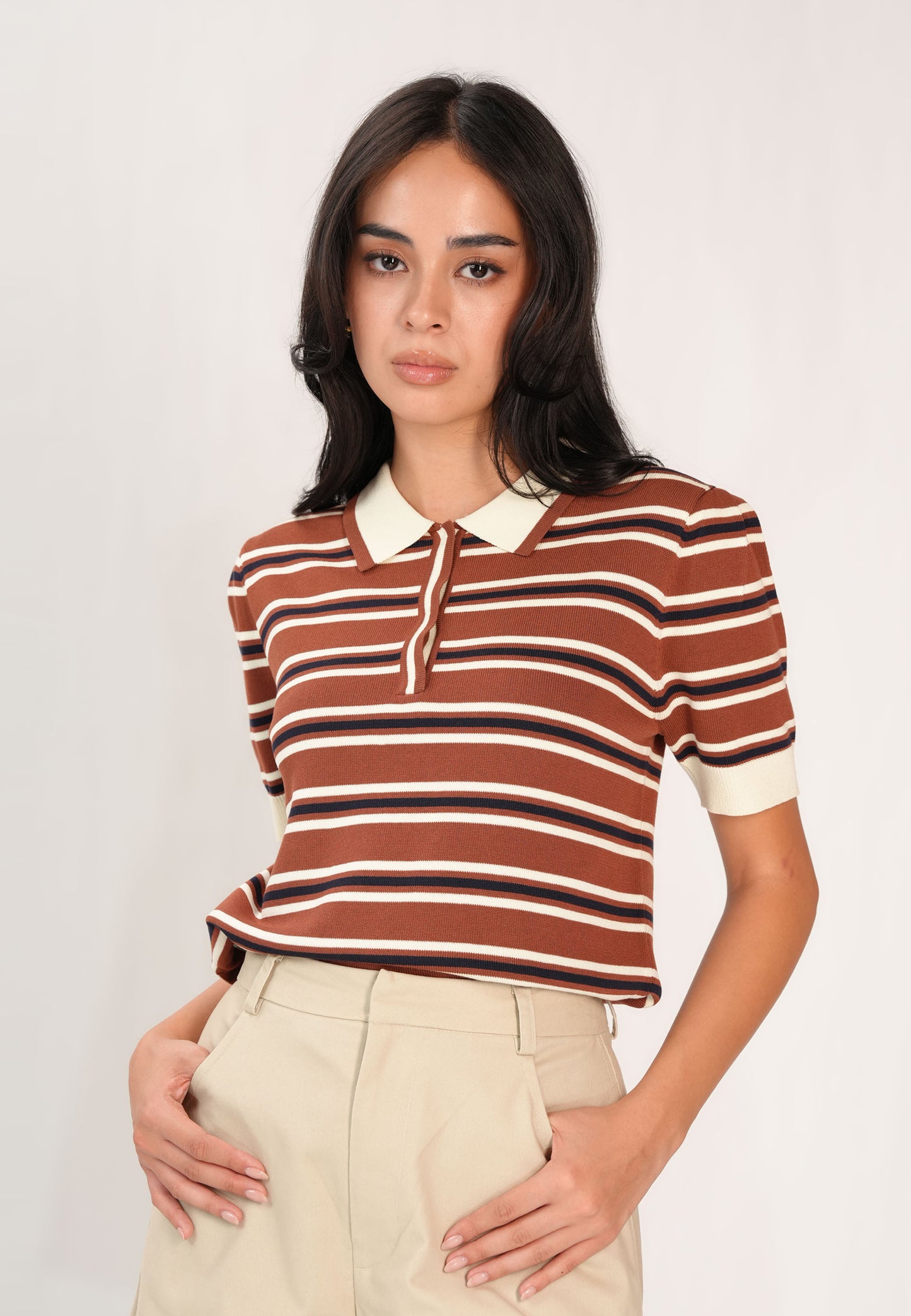 Fixy Short Sleeve Top (Striped Brown)