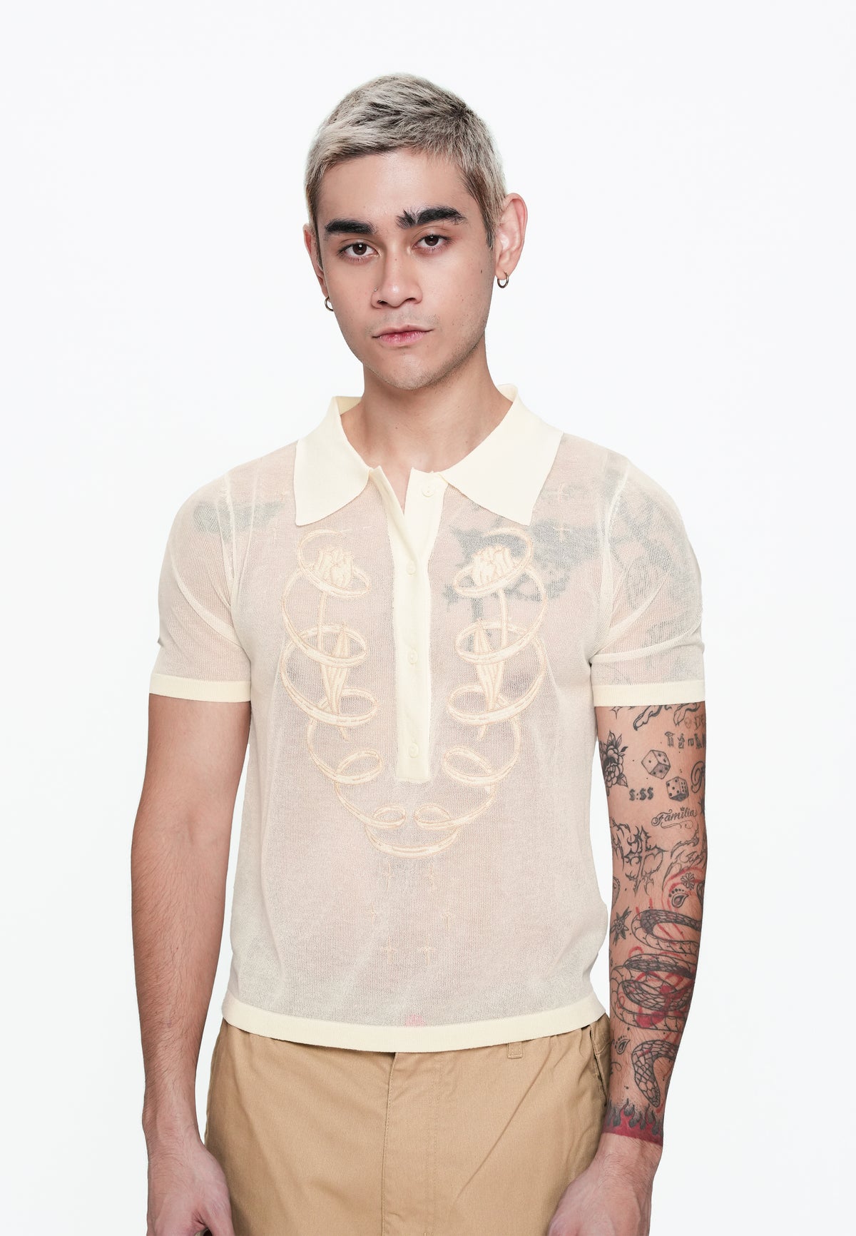 Plains & Prints x Randolf Tulip Barong Knit Short Sleeve Top (Cream)