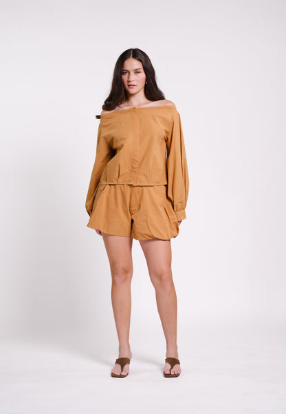 Bryony Long Sleeve Offshoulder Top (Camel)