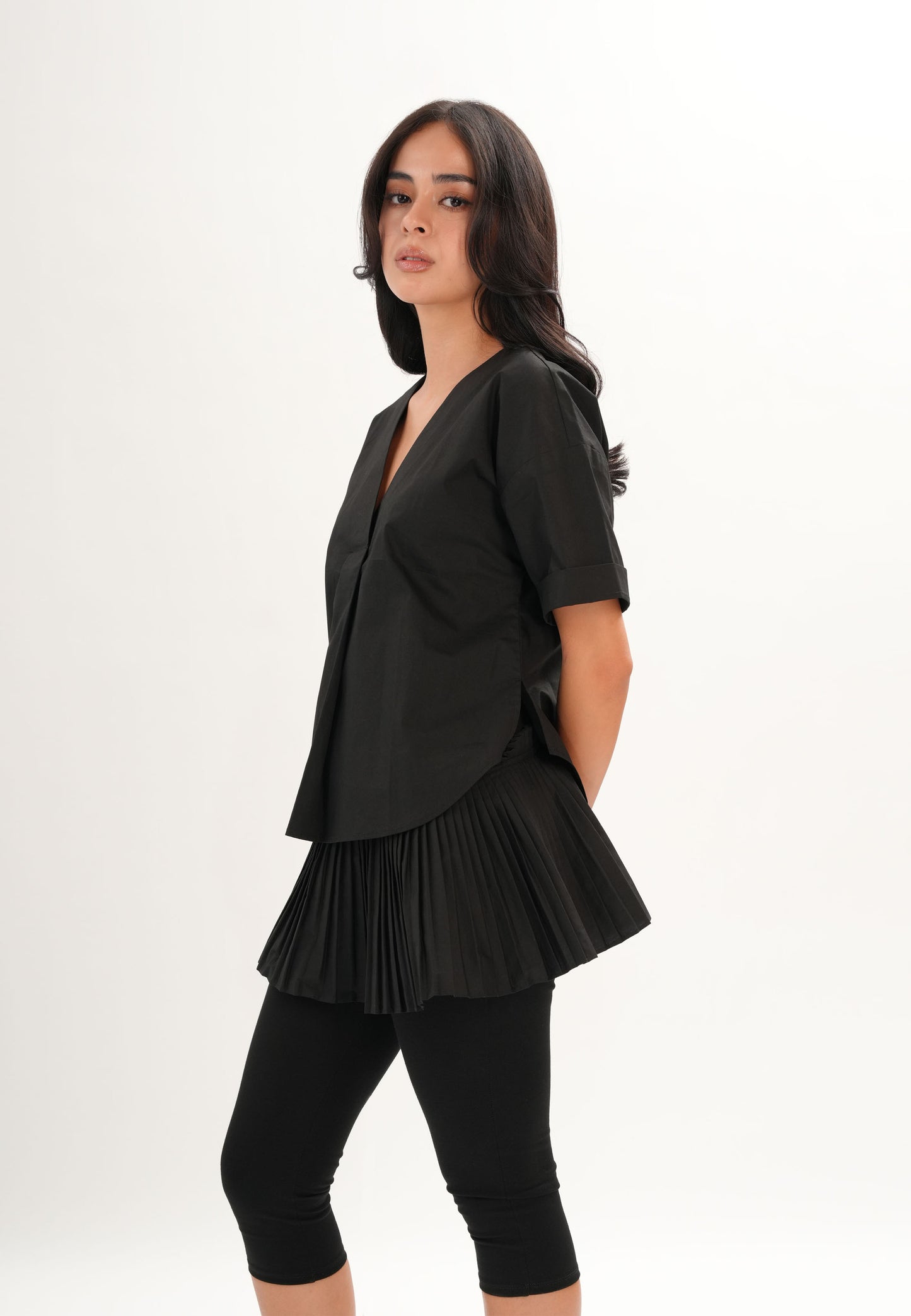 Archetype Refined Crow Short Sleeve Top W/ Pleated Sash (Black)