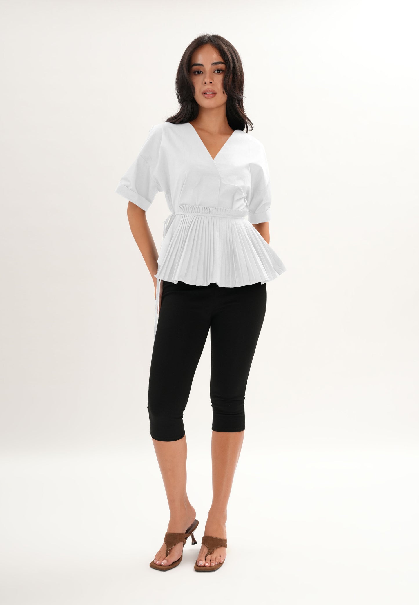 Archetype Refined Crow Short Sleeve Top W/ Pleated Sash (White)