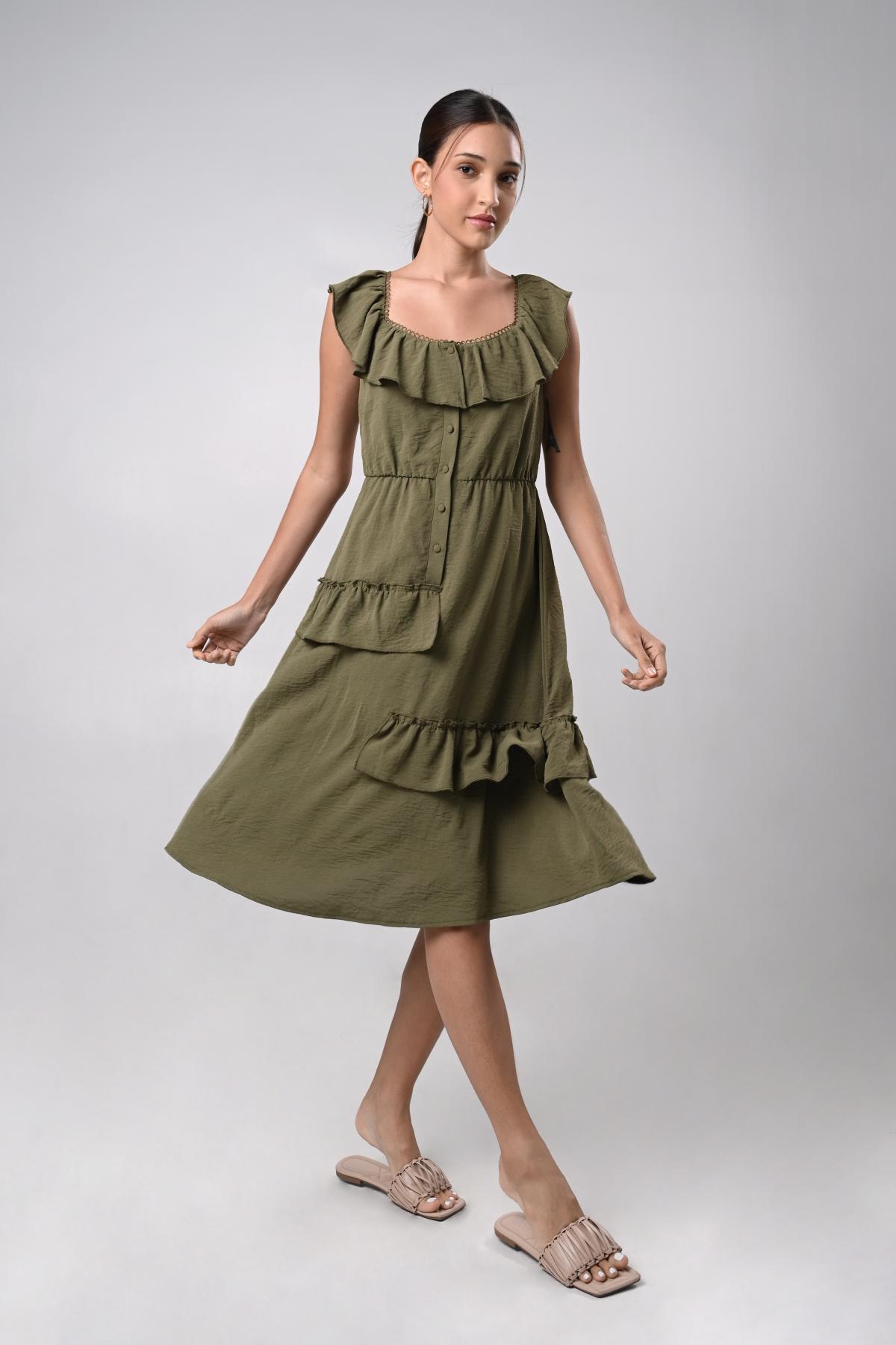 Domna Sleeveless Dress (Olive Green)