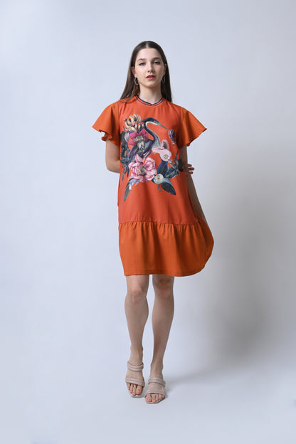 Feather Short Sleeve Dress (Rust)