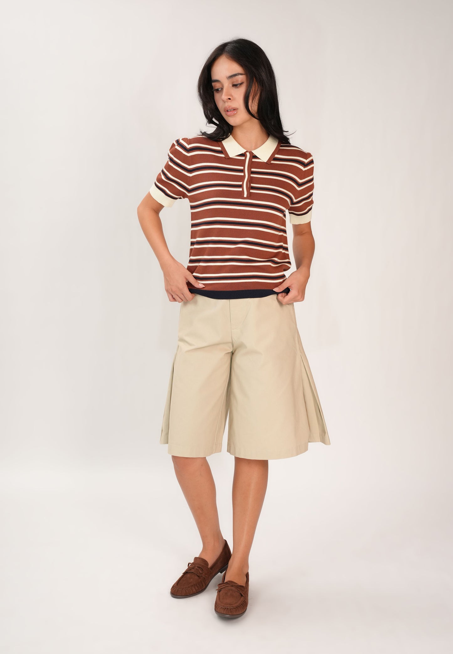 Fixy Short Sleeve Top (Striped Brown)