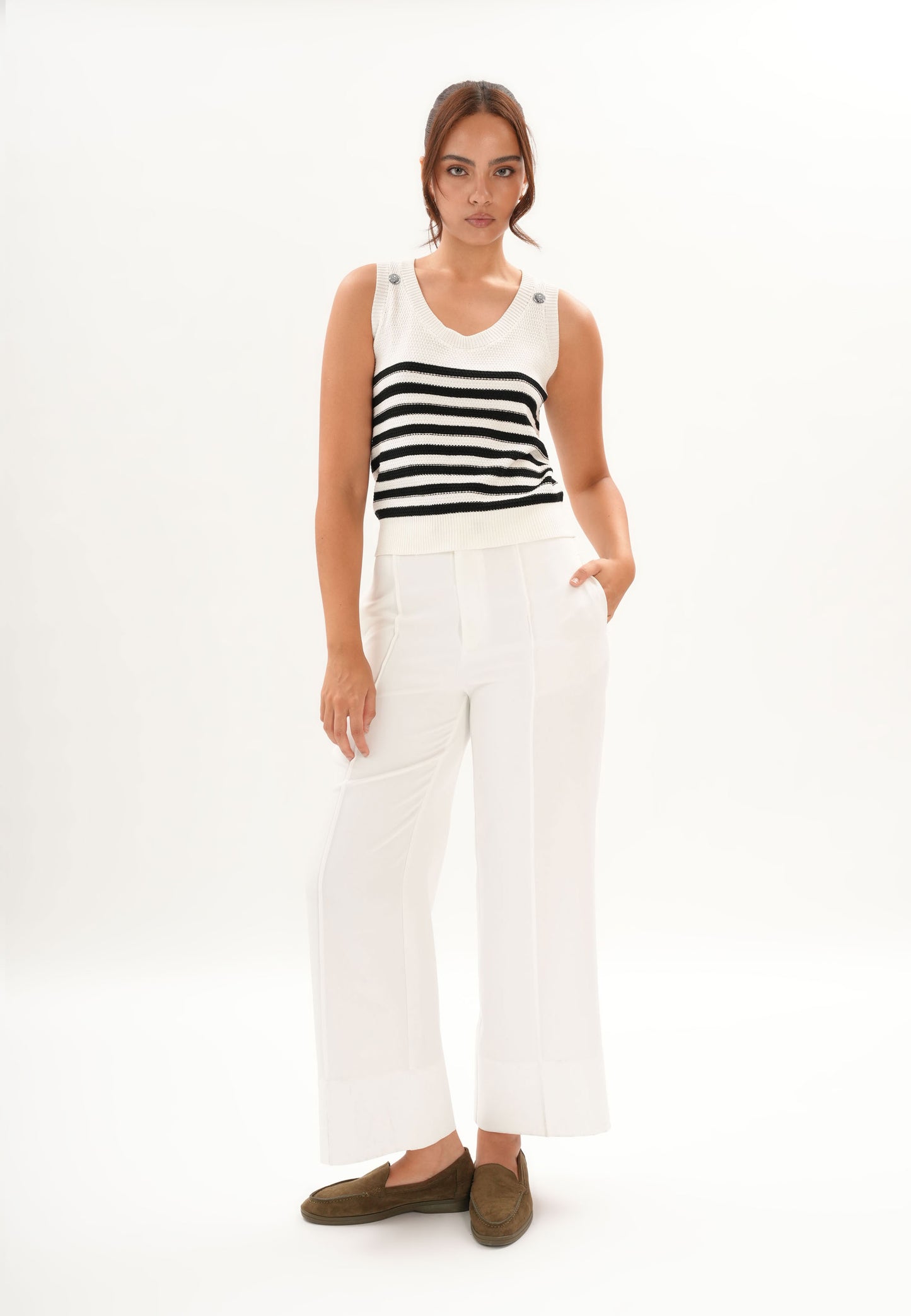 Archetype Refined Raven Sleeveless Top (Striped White)