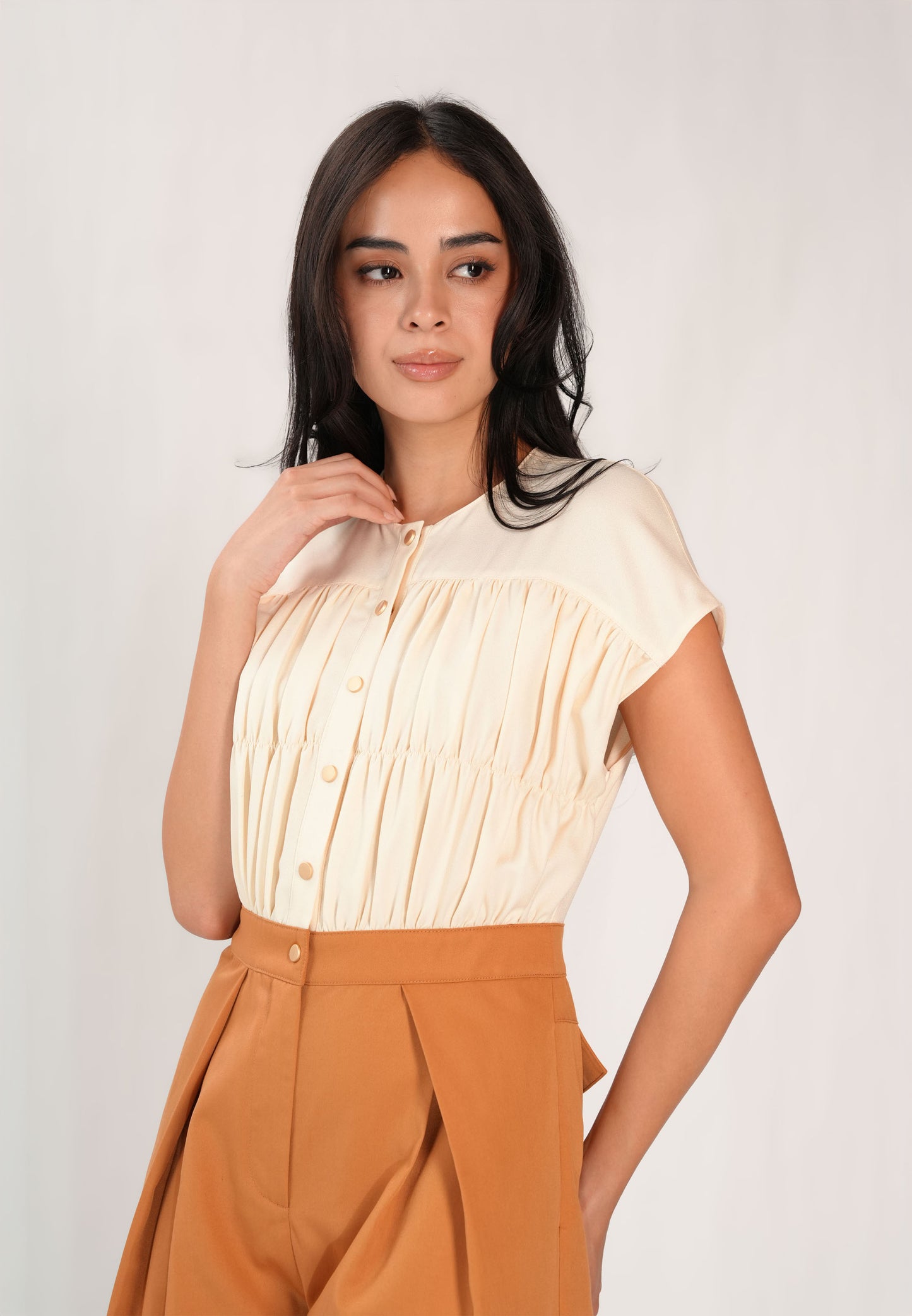 Faustine Extended Sleeve Pantsuit (Cream/Camel)