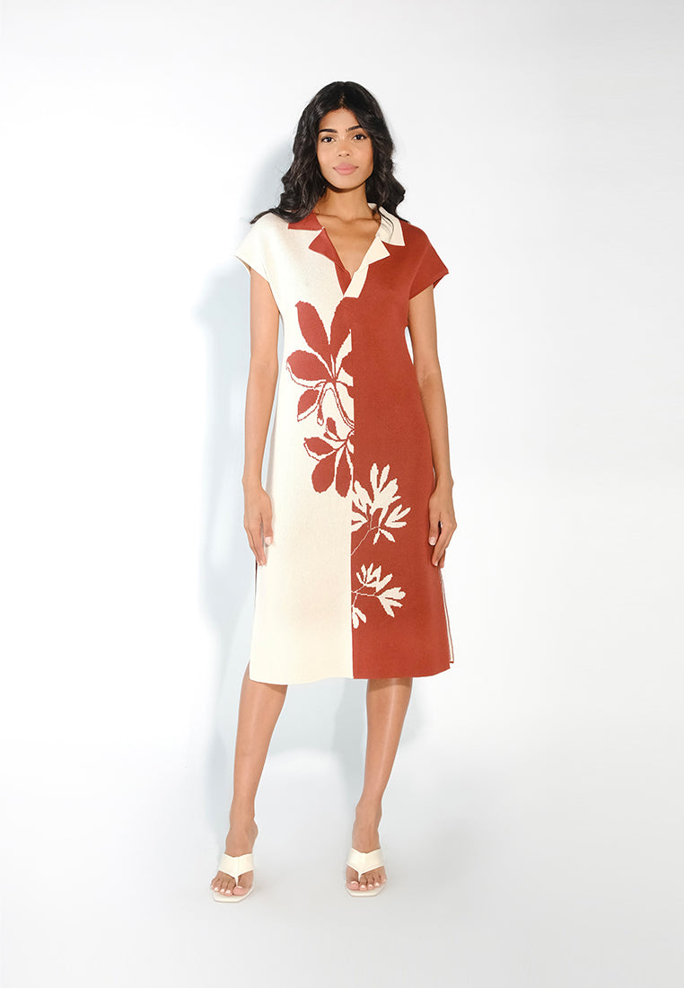 Sari- Sari Tagum Short Sleeve Dress (Cream/Rust)