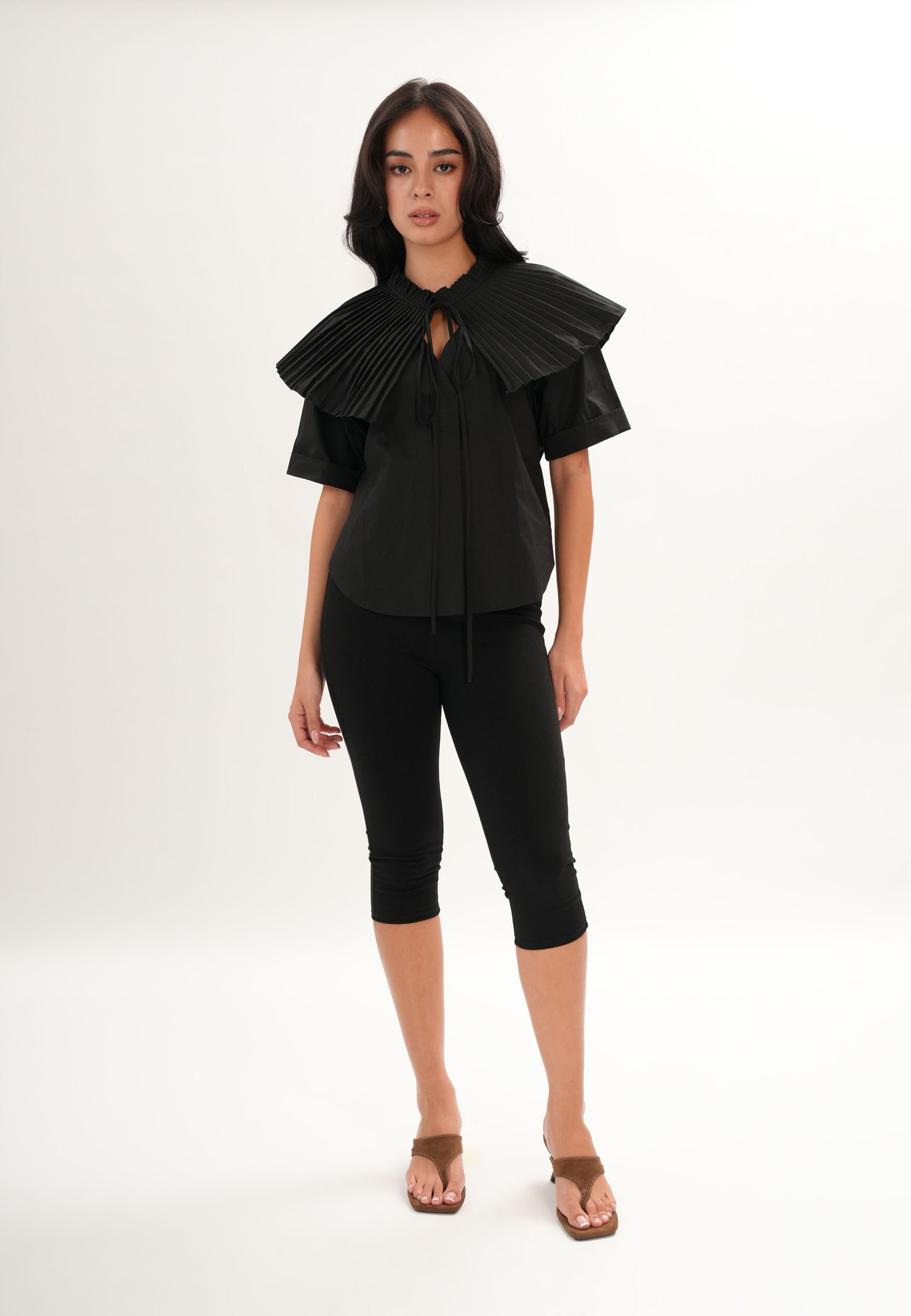 Archetype Refined Crow Short Sleeve Top W/ Pleated Sash (Black)