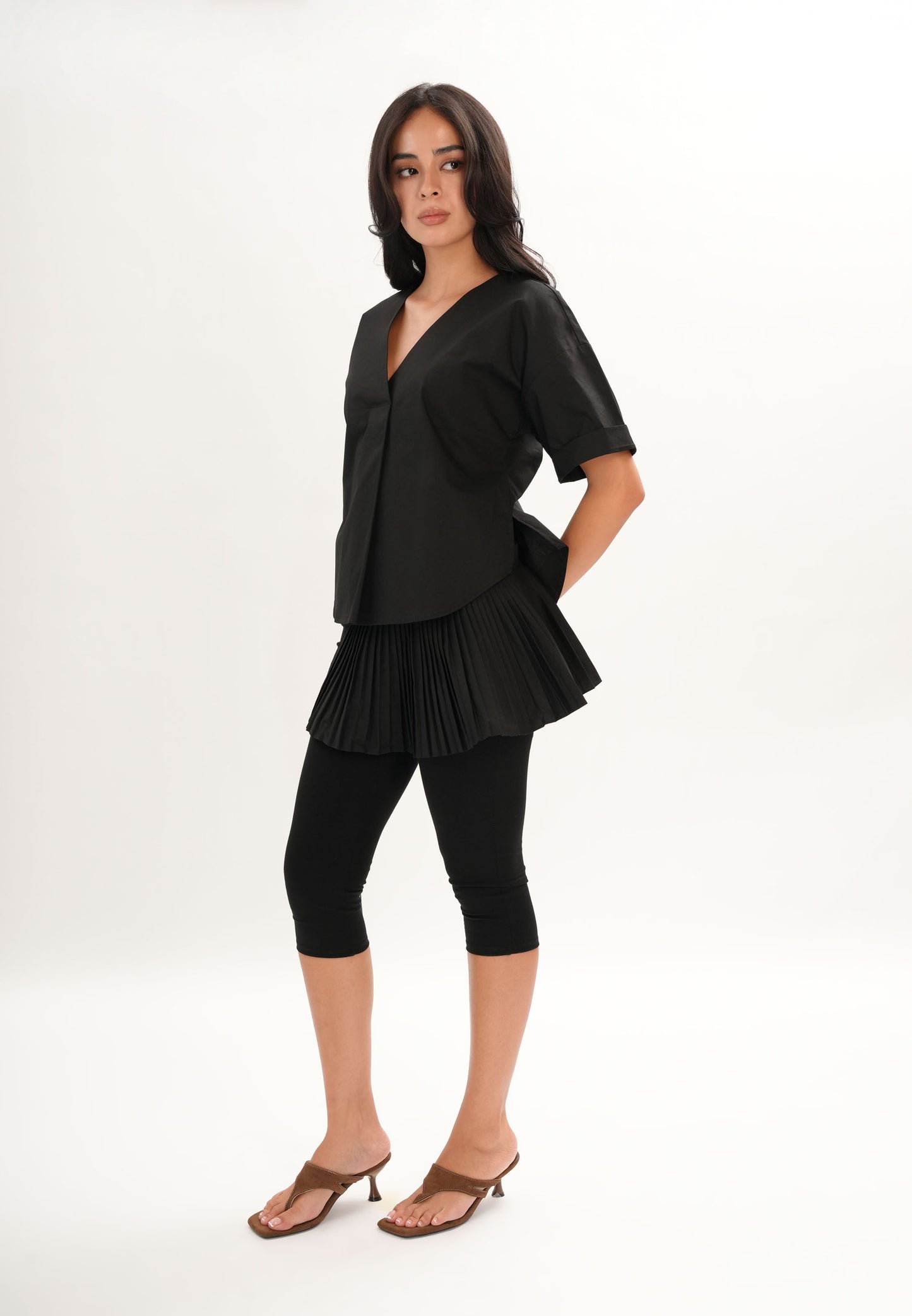 Archetype Refined Crow Short Sleeve Top W/ Pleated Sash (Black)