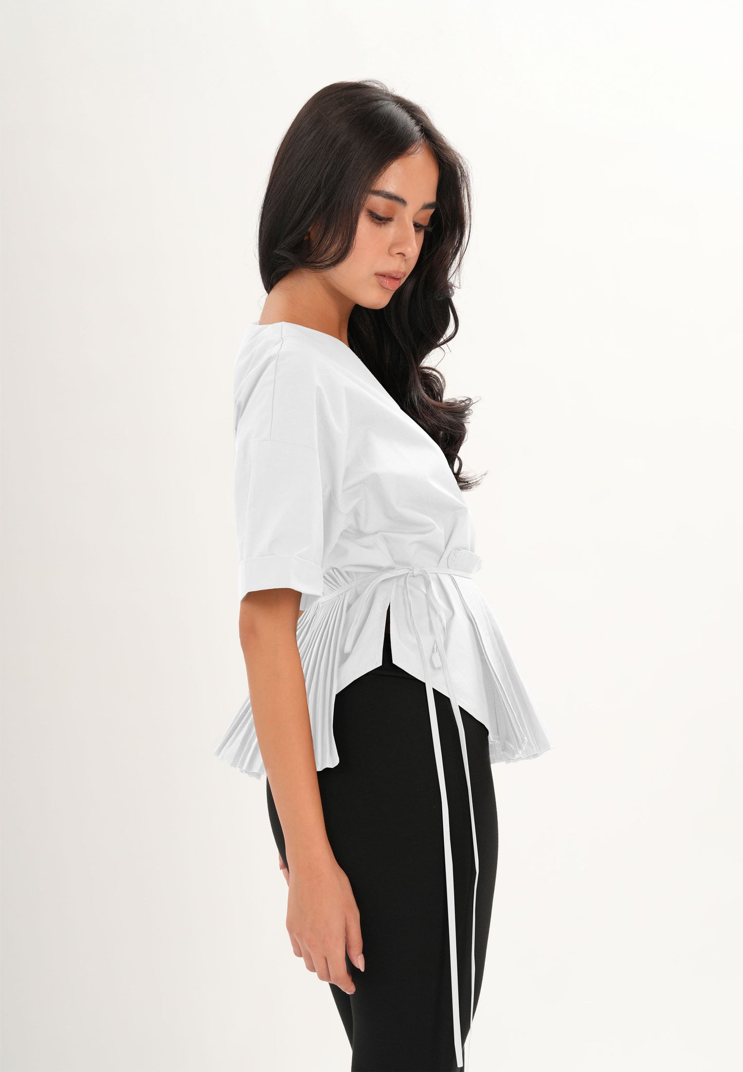 Archetype Refined Crow Short Sleeve Top W/ Pleated Sash (White)