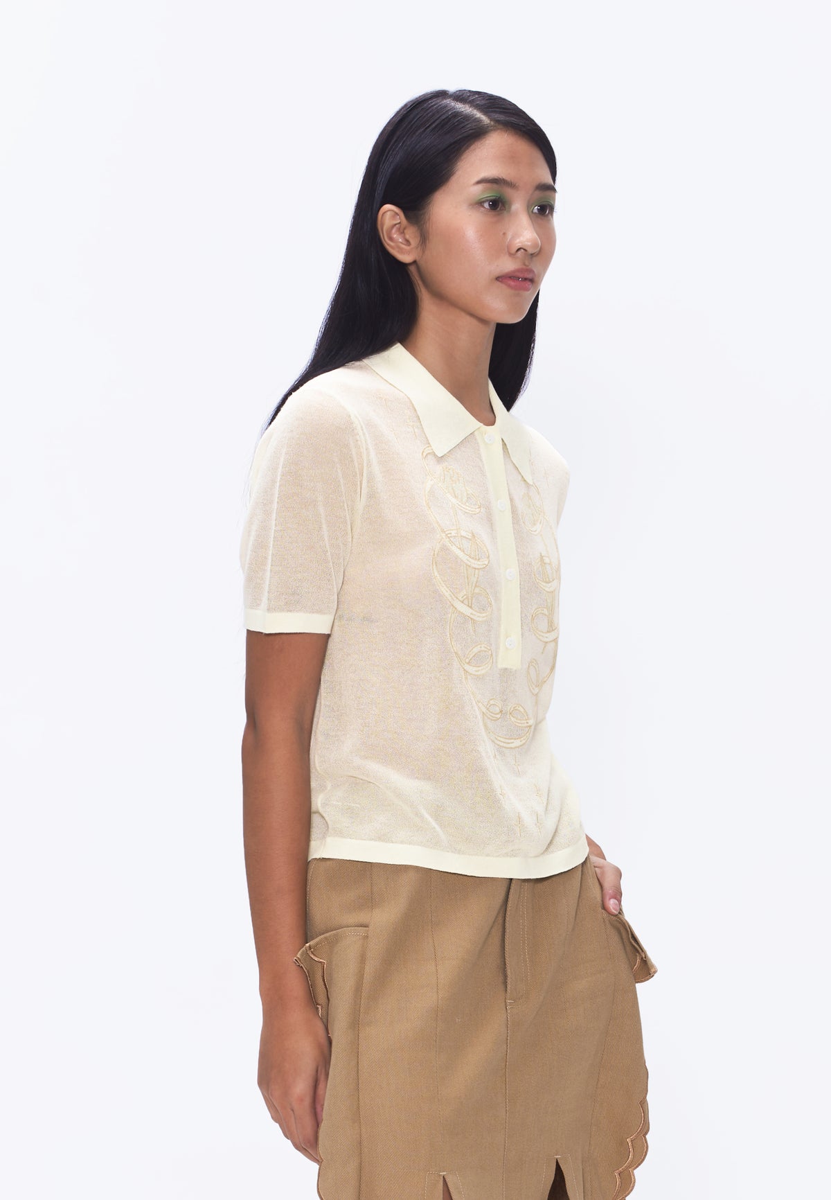Plains & Prints x Randolf Tulip Barong Knit Short Sleeve Top (Cream)