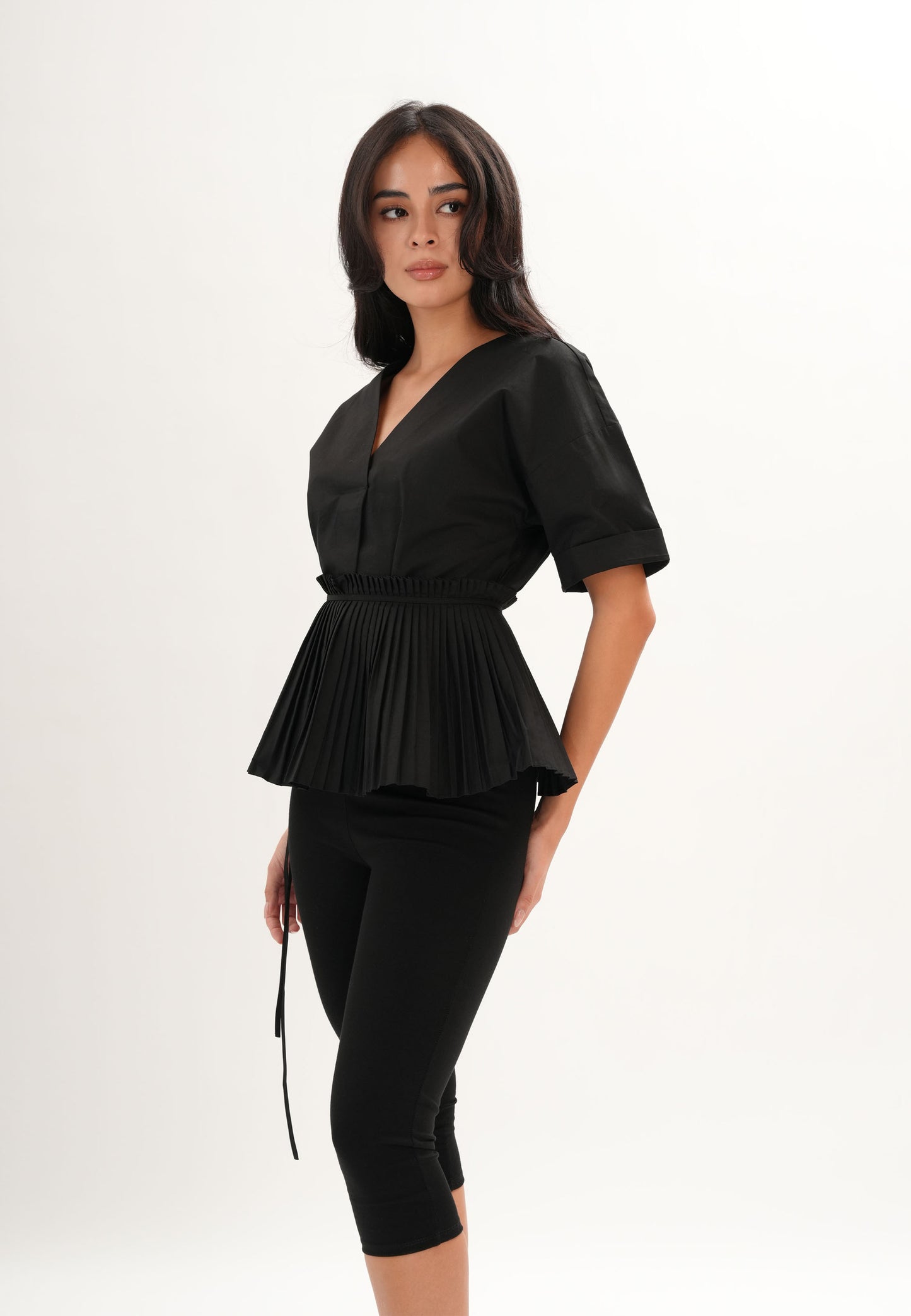 Archetype Refined Crow Short Sleeve Top W/ Pleated Sash (Black)
