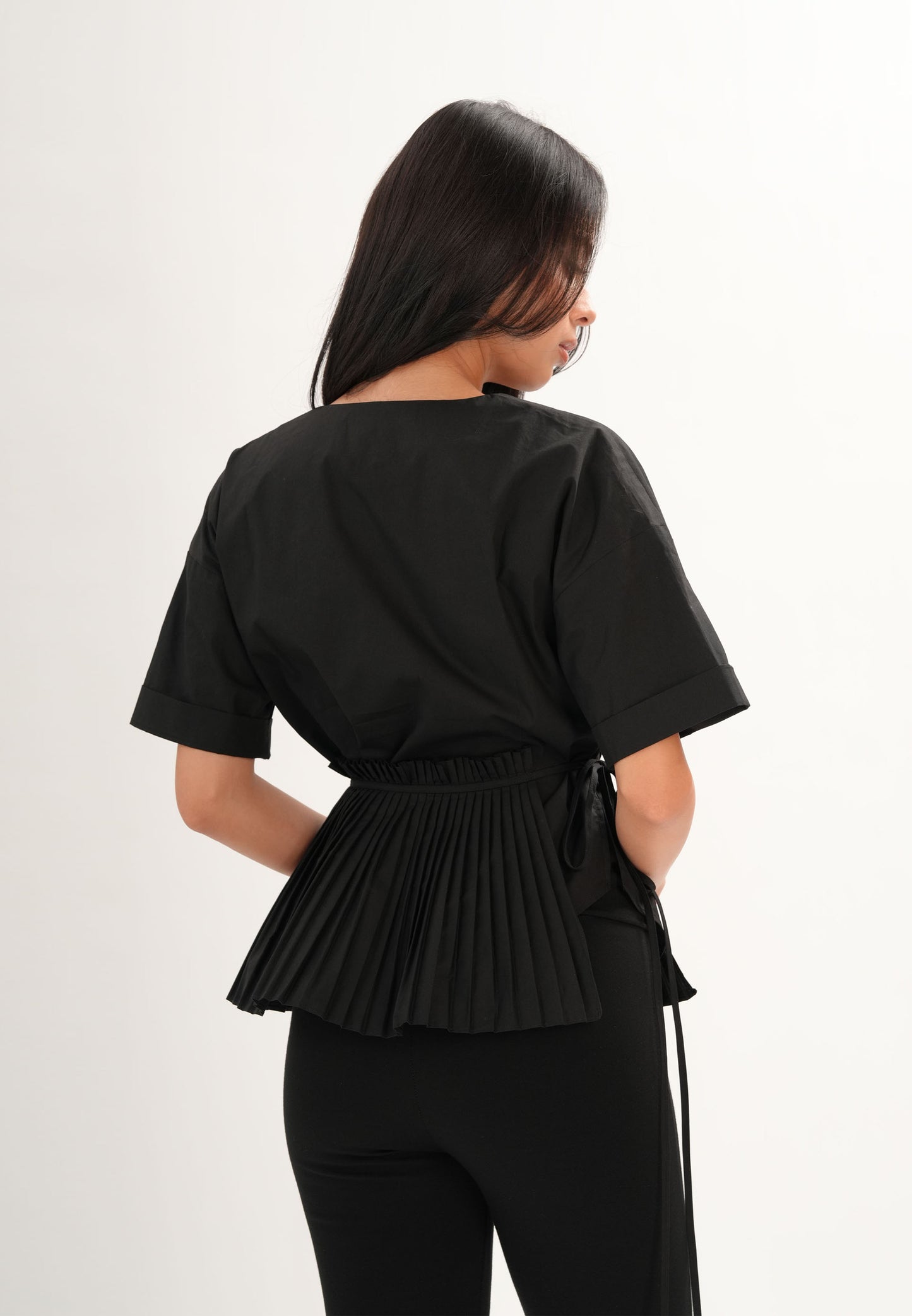 Archetype Refined Crow Short Sleeve Top W/ Pleated Sash (Black)