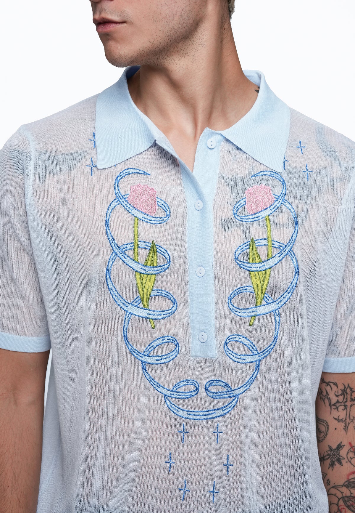 Plains & Prints x Randolf Tulip Barong Knit Short Sleeve Top (Light Blue)