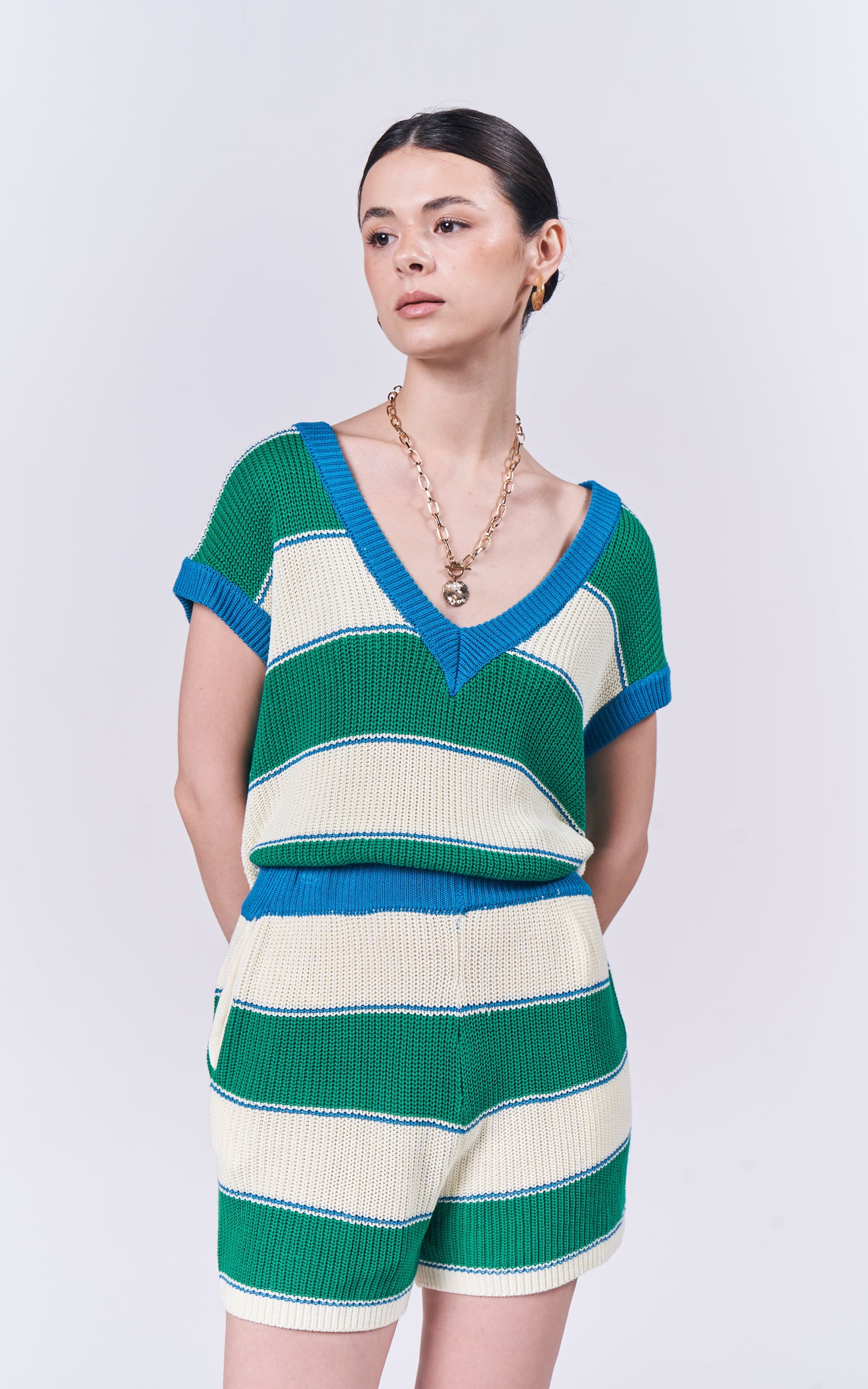 Almare Adriah Short Sleeve Top (Green/Cream)