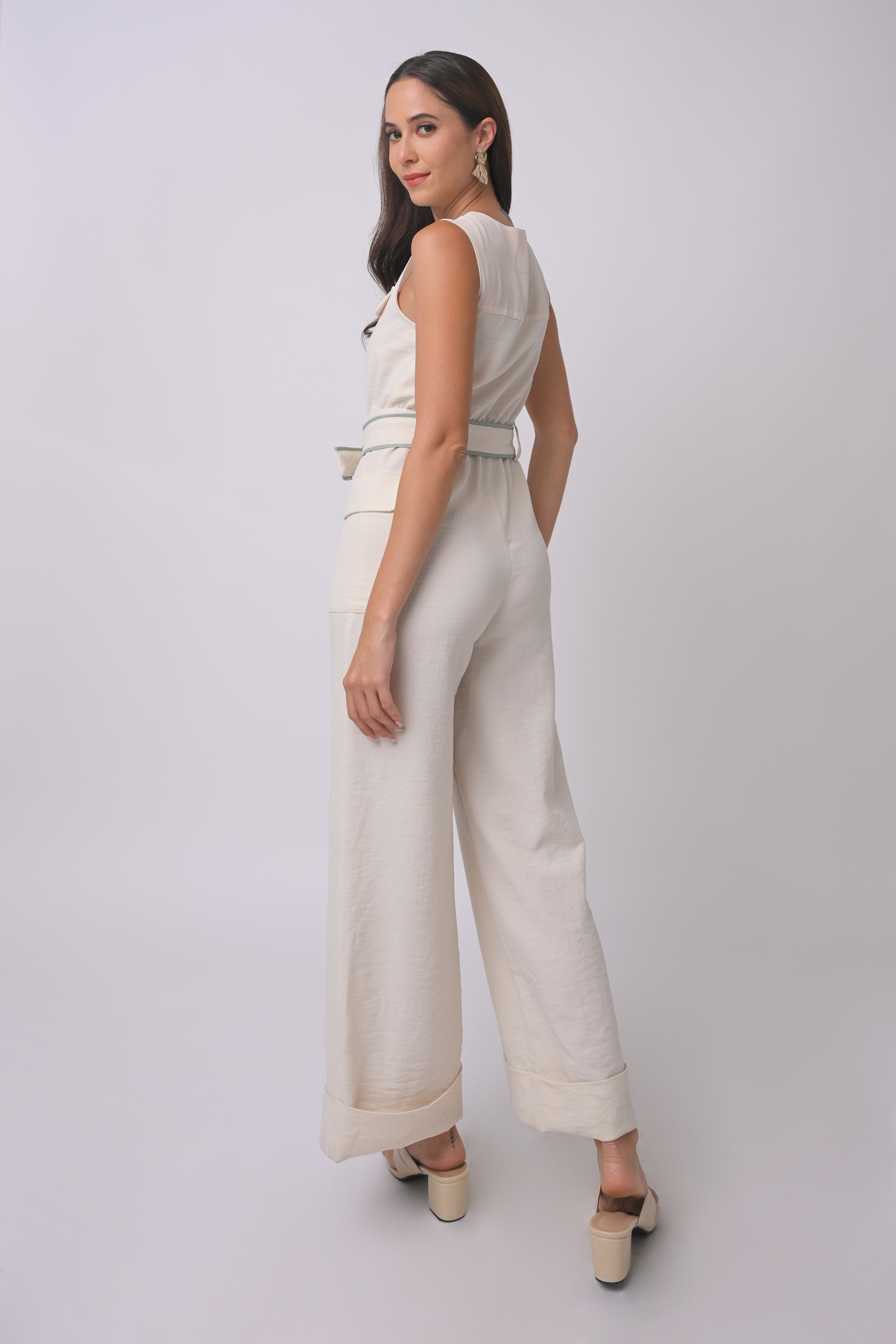 Adrien Sleeveless Pantsuit with Belt Cream