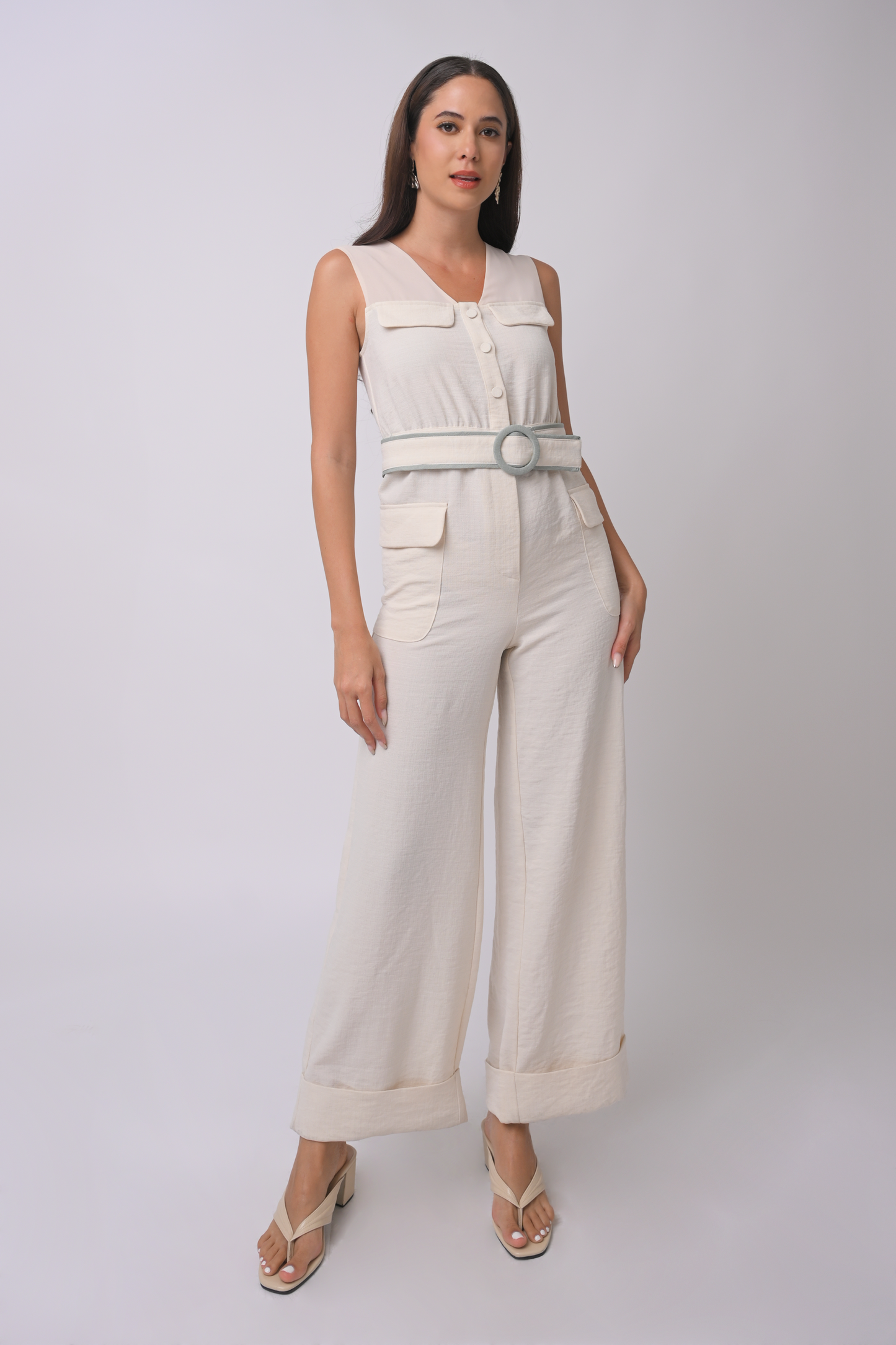 Adrien Sleeveless Pantsuit with Belt Cream