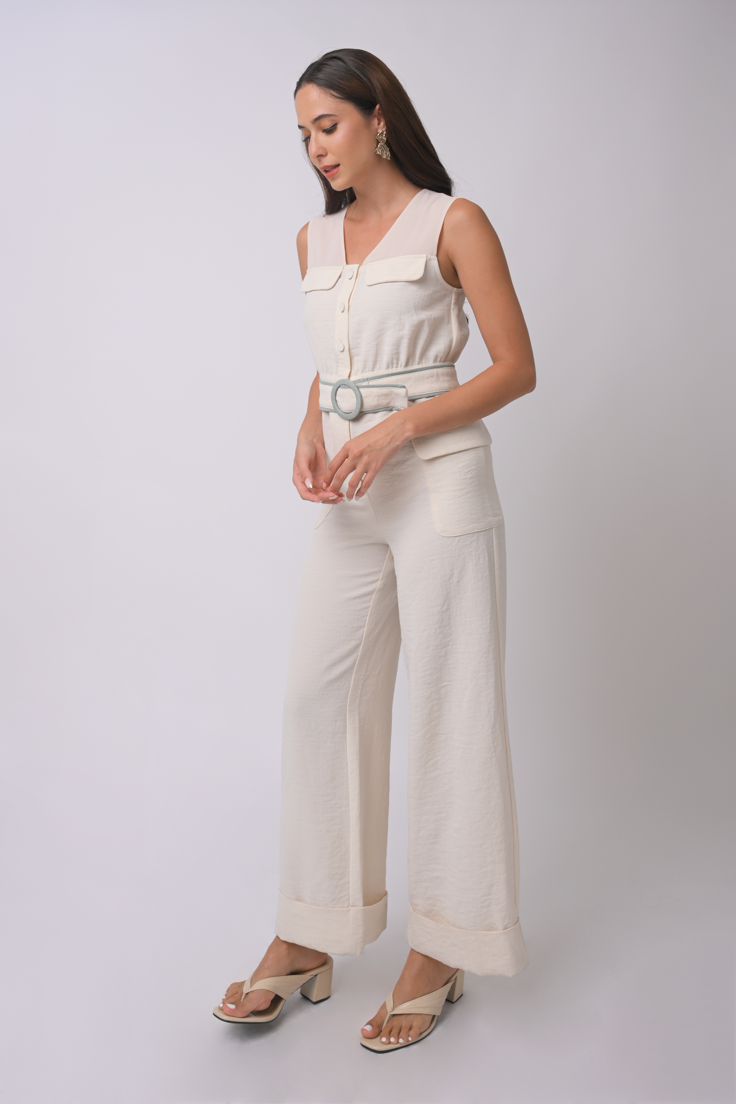 Adrien Sleeveless Pantsuit with Belt Cream