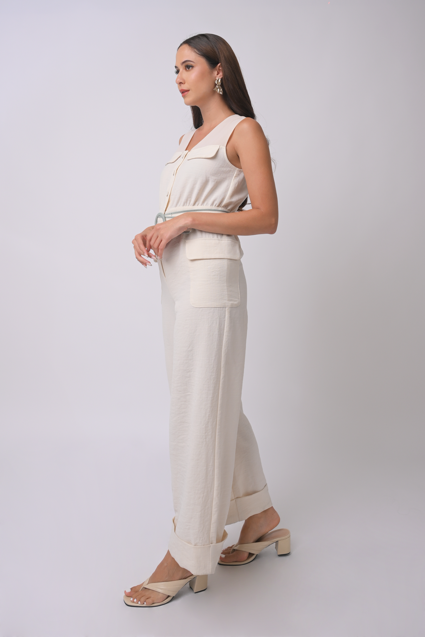 Adrien Sleeveless Pantsuit with Belt Cream