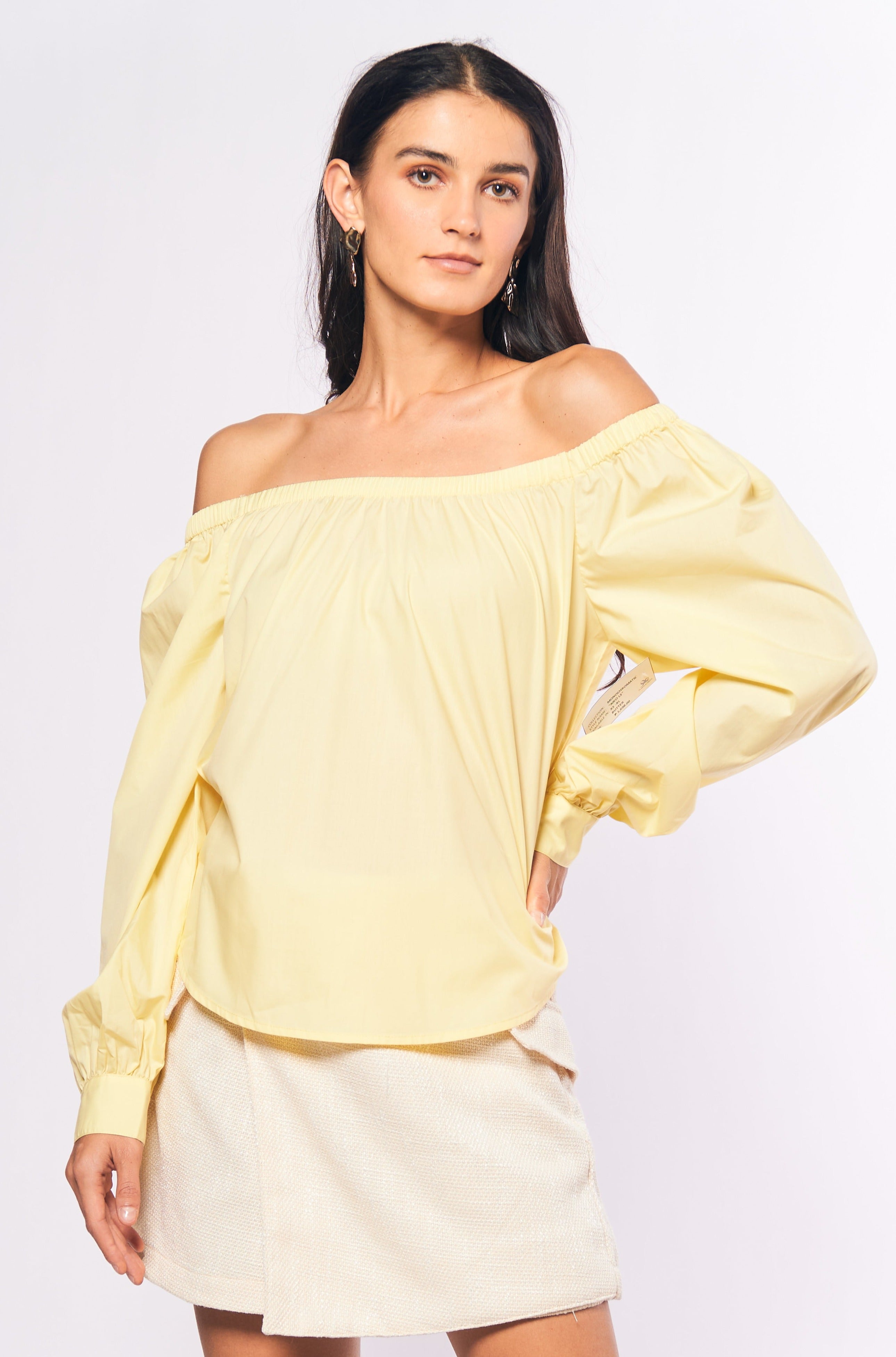 Monochromatic Aiko Long Sleeve Offshoulder Top (Yellow) – Plains & Prints