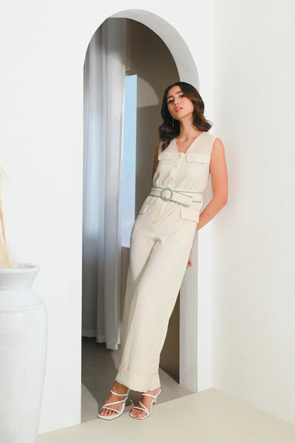 Adrien Sleeveless Pantsuit with Belt Cream