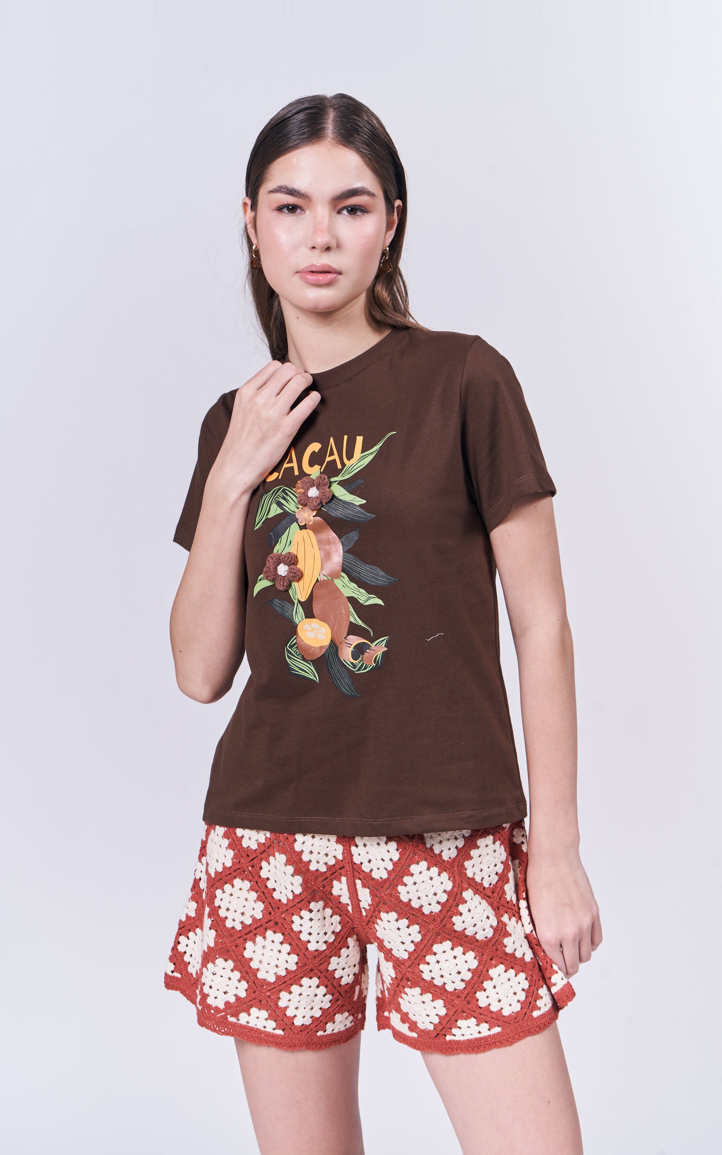 Summer Tees 2025 Cacau Short Sleeve Shirt Top (Brown)