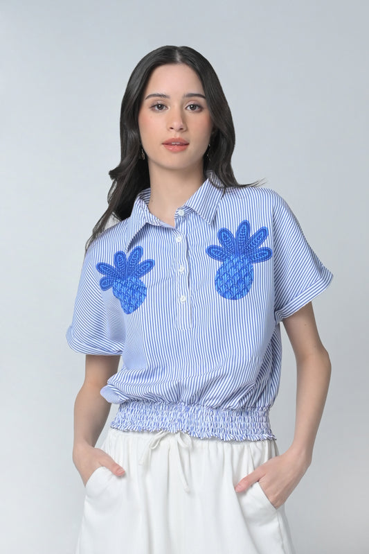 Betsie Short Sleeve Top (Blue/White)