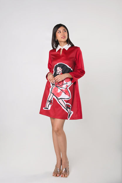 12 Days Of Christmas 3 French Hens Long Sleeve Dress  (Red)