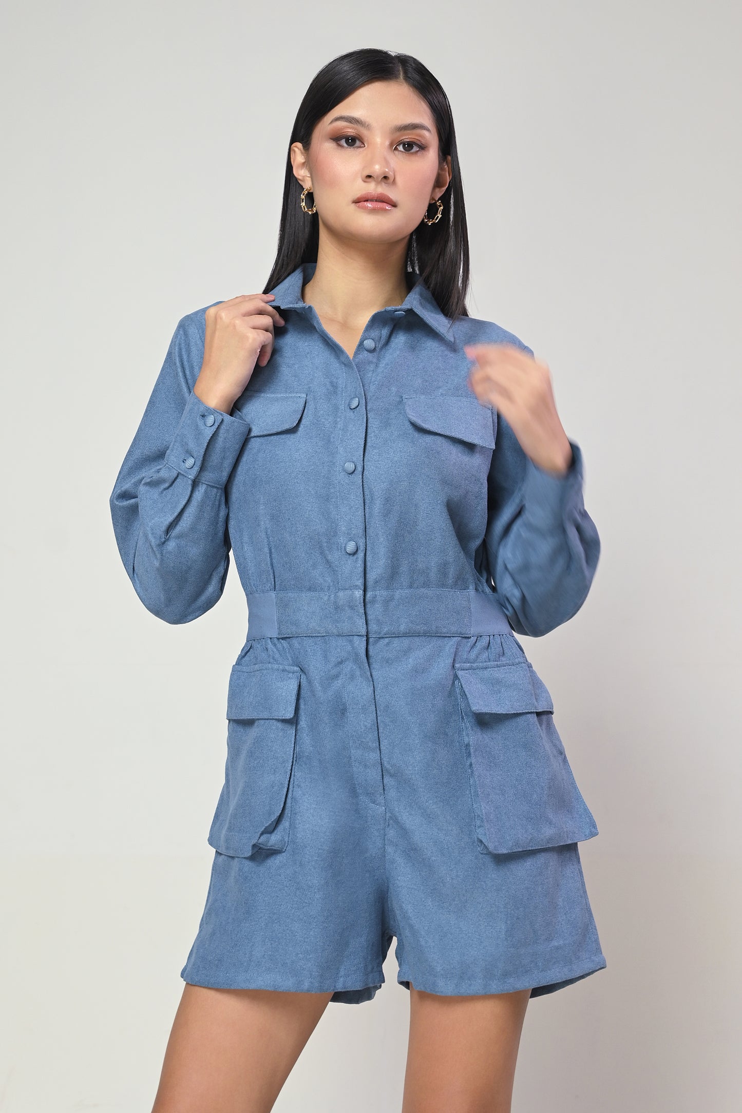 Terrain Ivann Long Sleeve Playsuit (Denim)